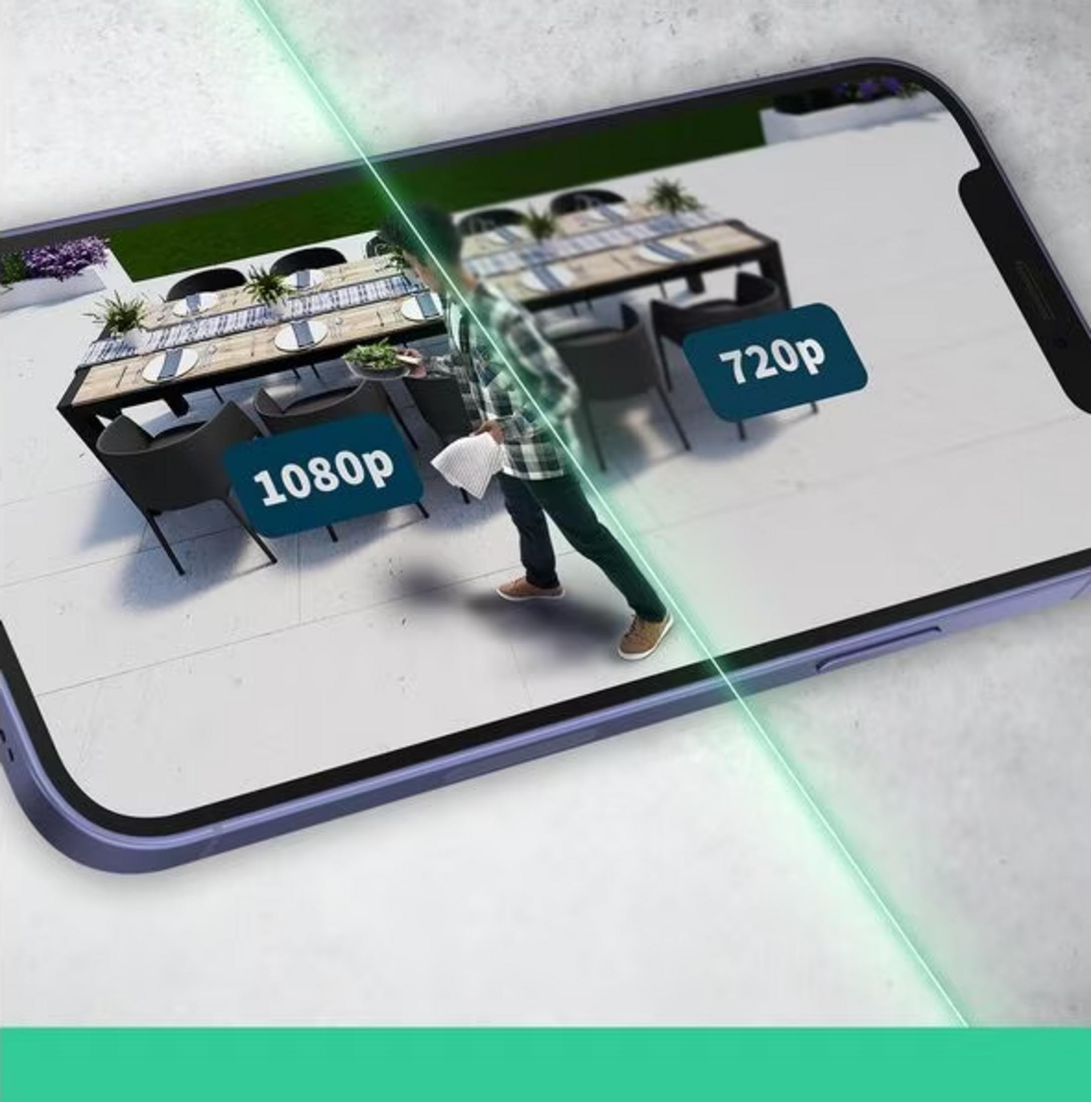 Ein Handy zeigt einen Tisch im Freien mit zwei Auflösungen: 1080p und 720p.