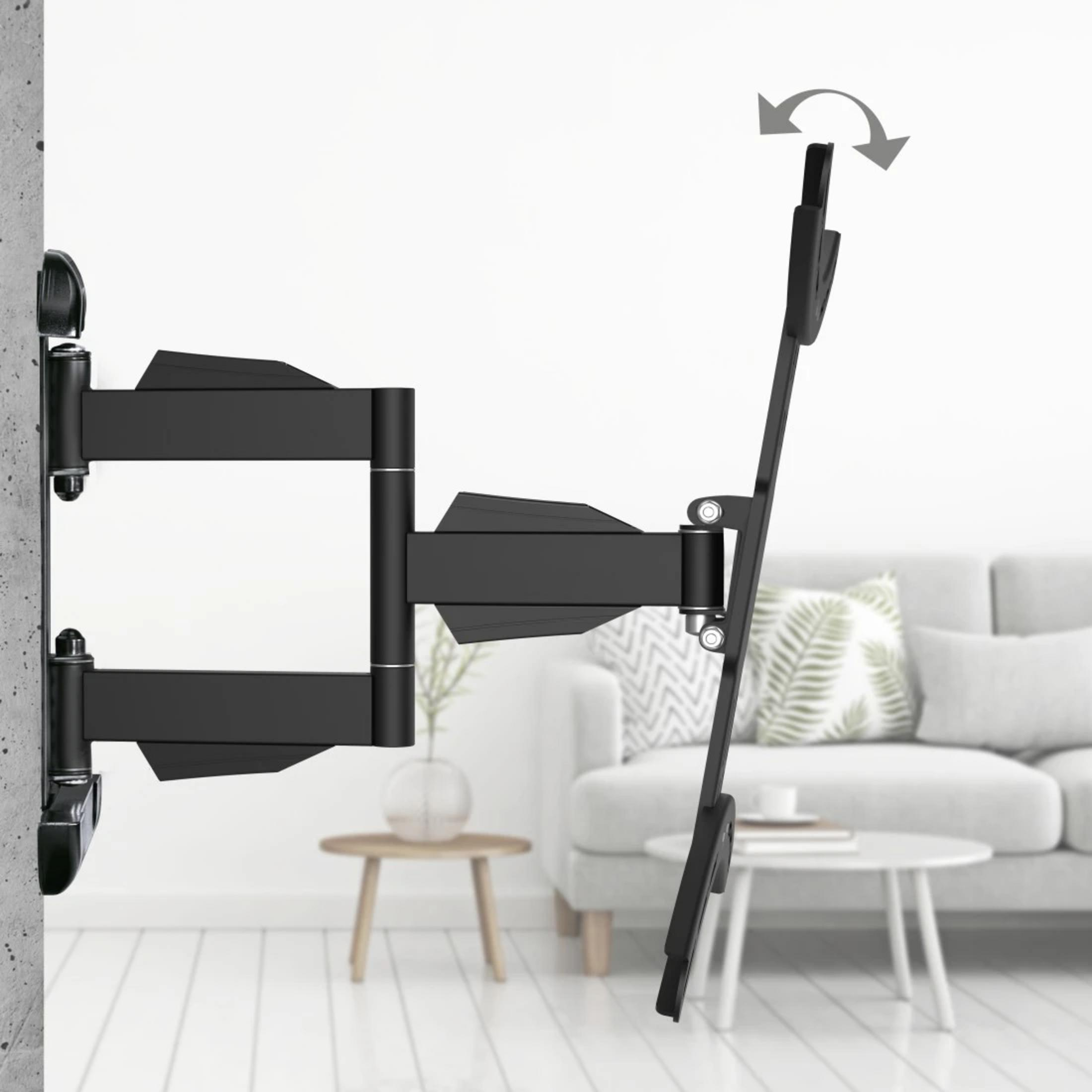 Un soporte de TV negro articulado en una pared de hormigón, con flechas indicando movimiento.