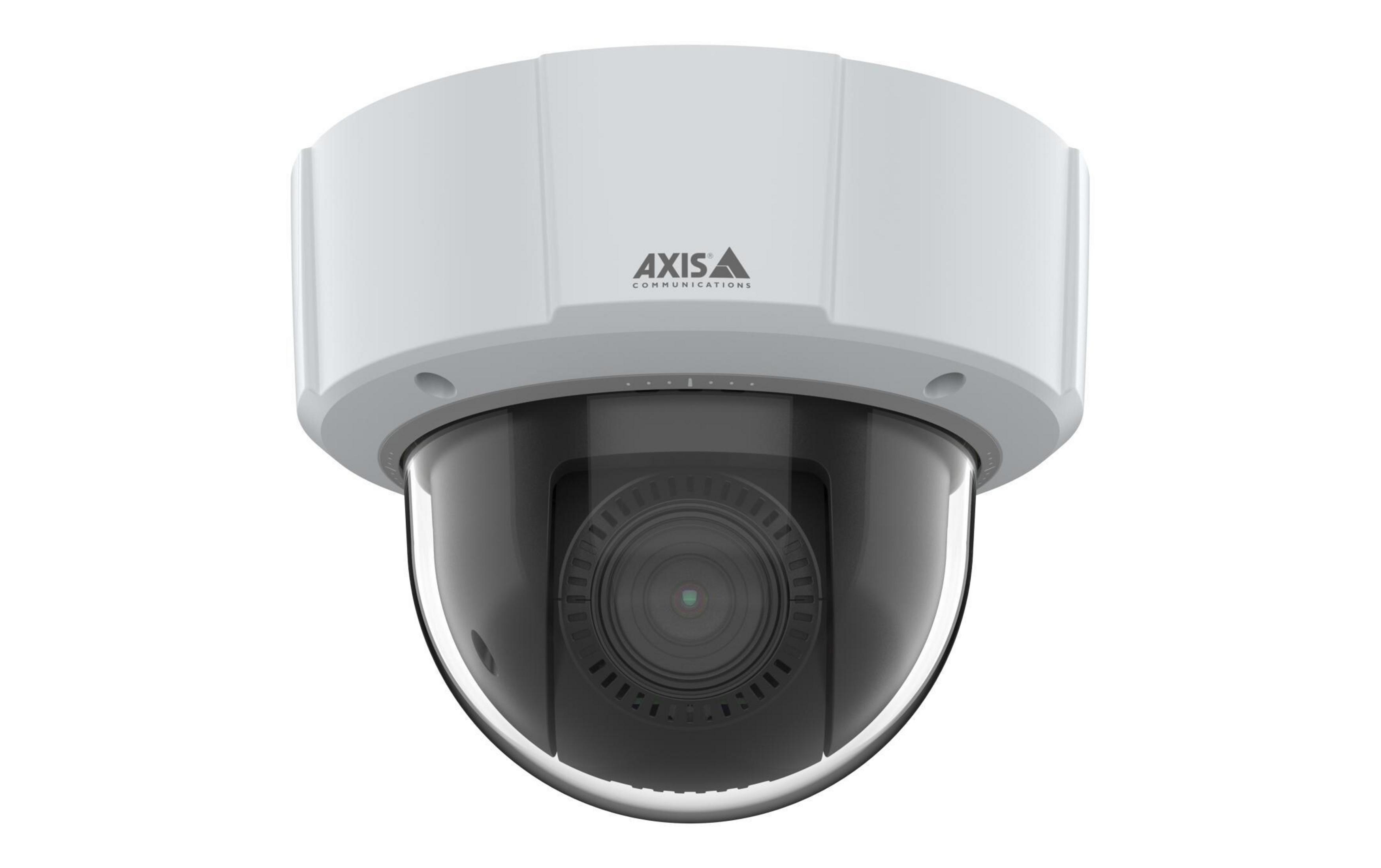 Biała kamera bezpieczeństwa z kopułą i logo AXIS.