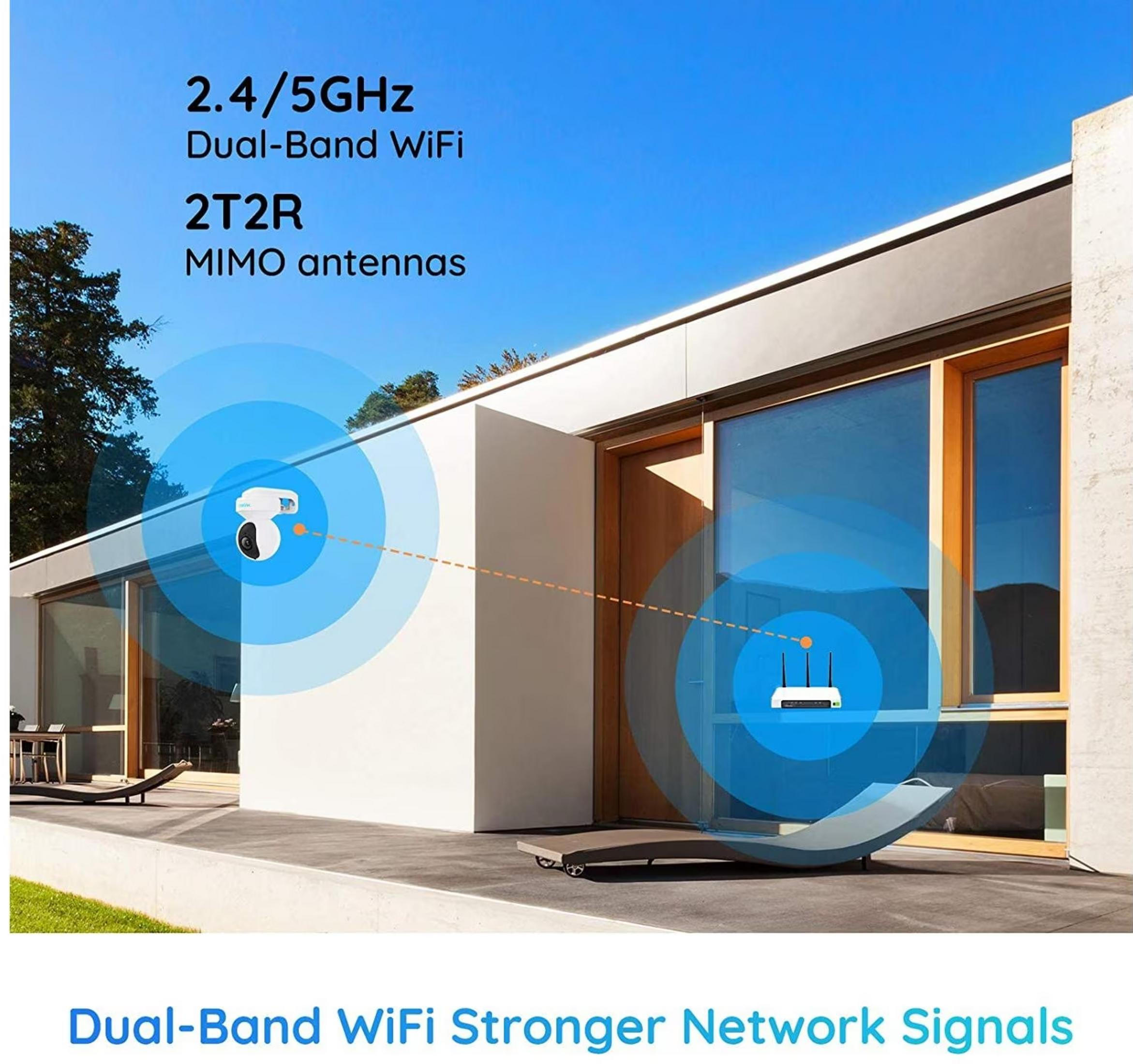 WLAN-Kamera und Router mit Signalwellen vor modernem Haus.