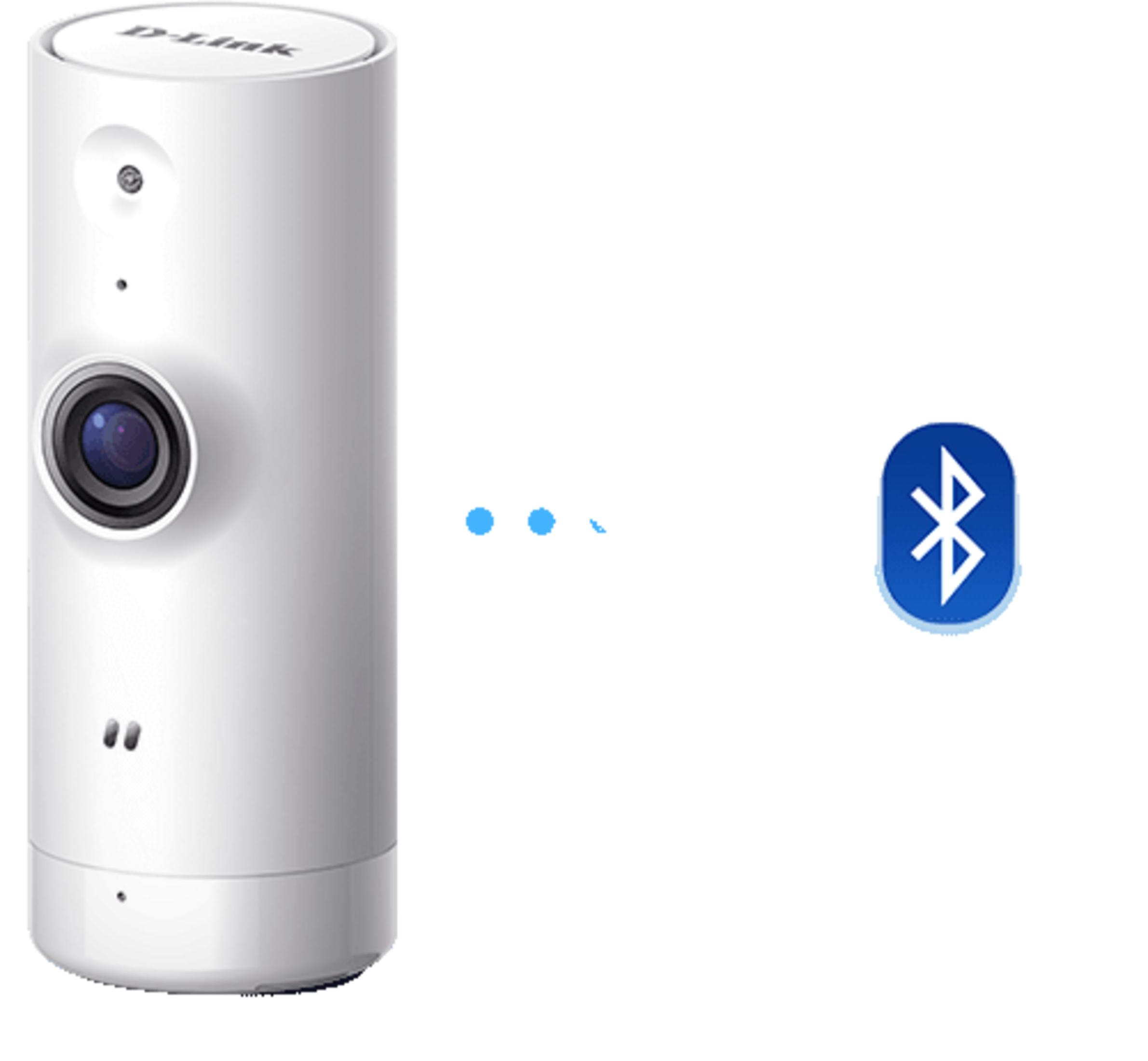 Weiße Kamera mit D-Link Logo, Linse und Bluetooth-Symbol.