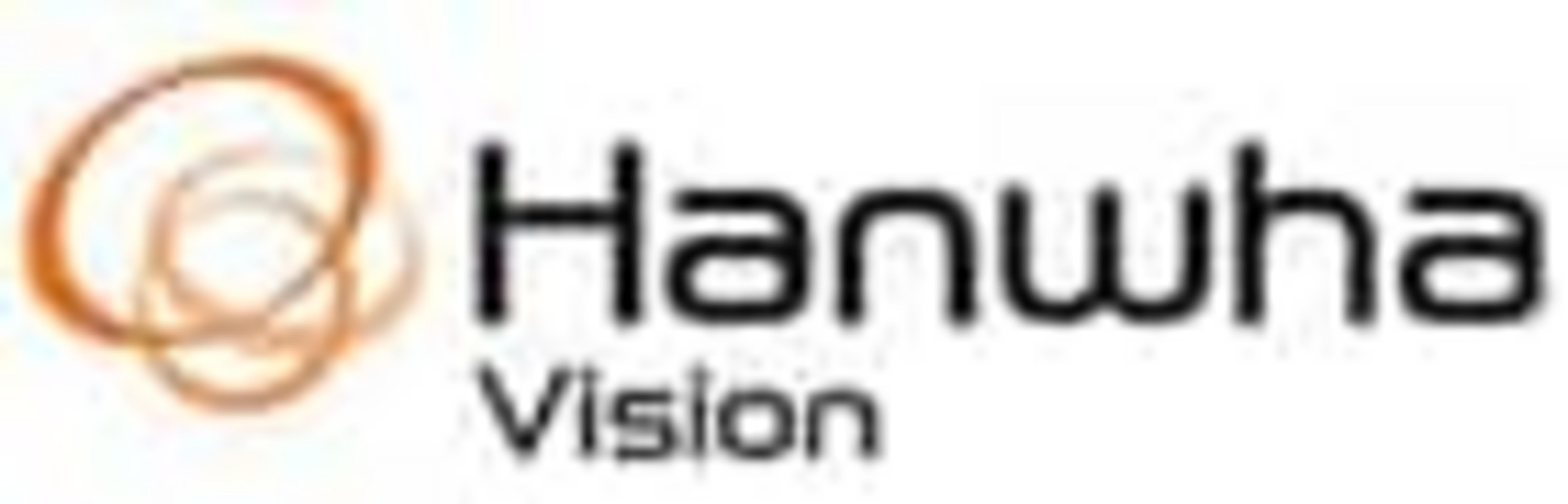 Logo Hanwha Vision z pomarańczowymi spiralami i czarnym tekstem.