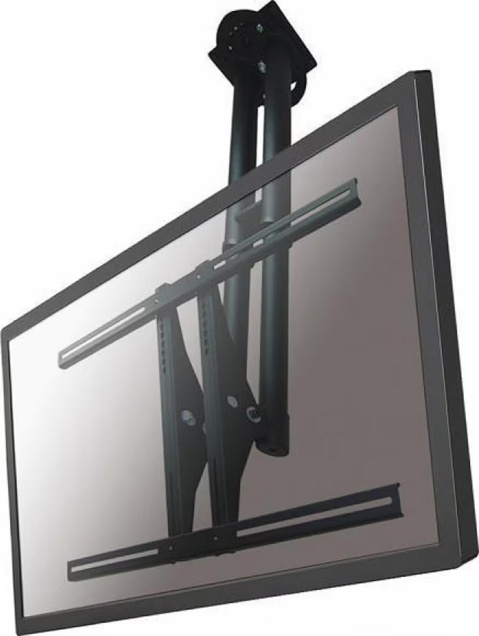 A black ceiling mount for a TV with a silver screen.