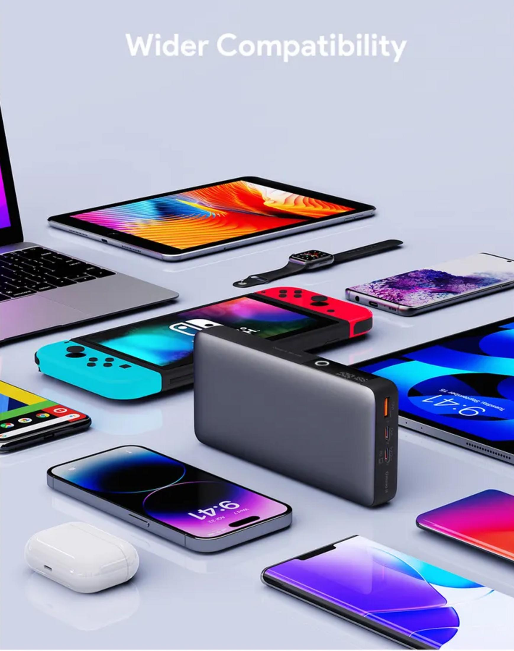 Elettronica: laptop, tablet, telefoni, Switch, smartwatch e power bank.