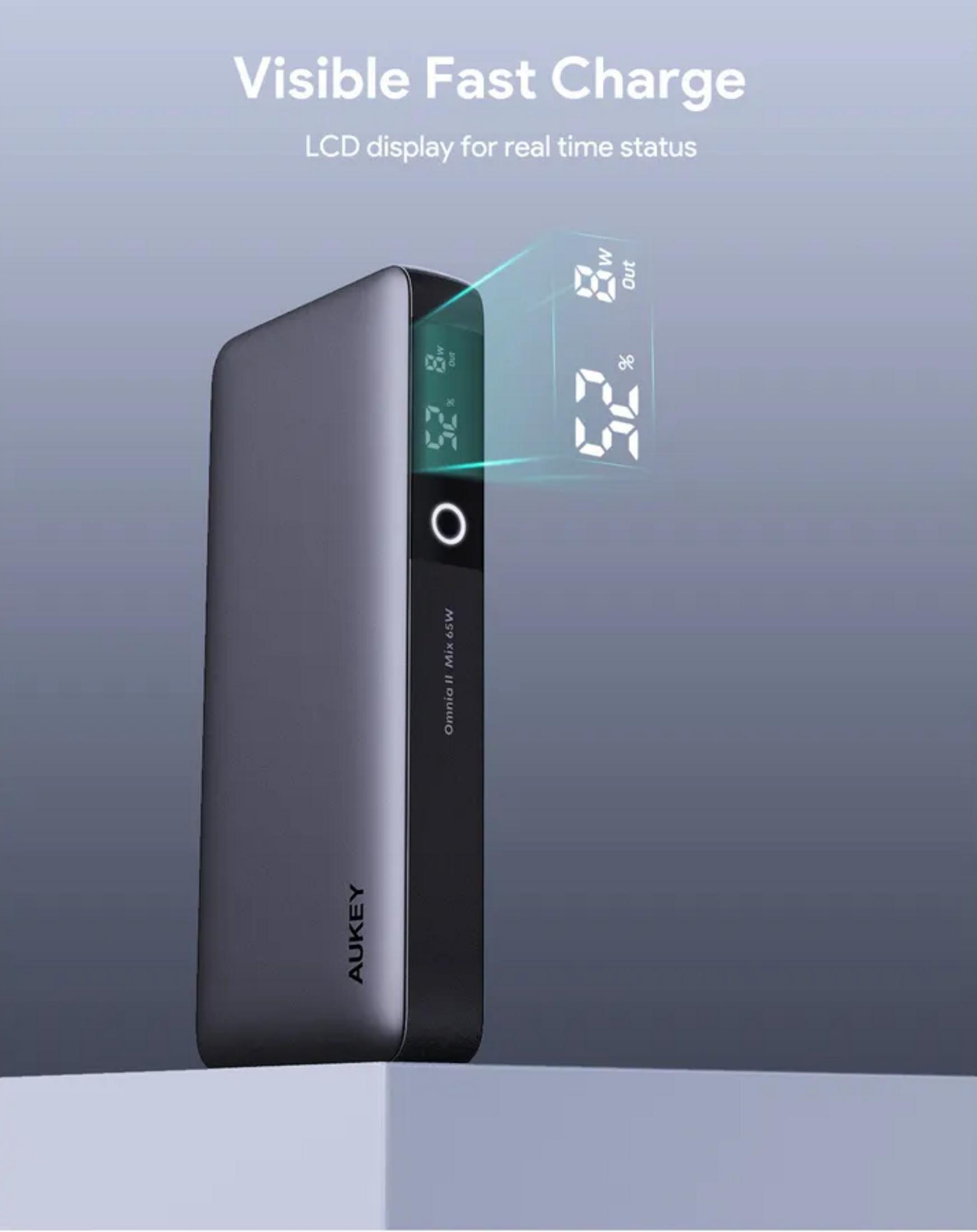 Power bank grigio con display LCD mostra 52% di carica e 8W.