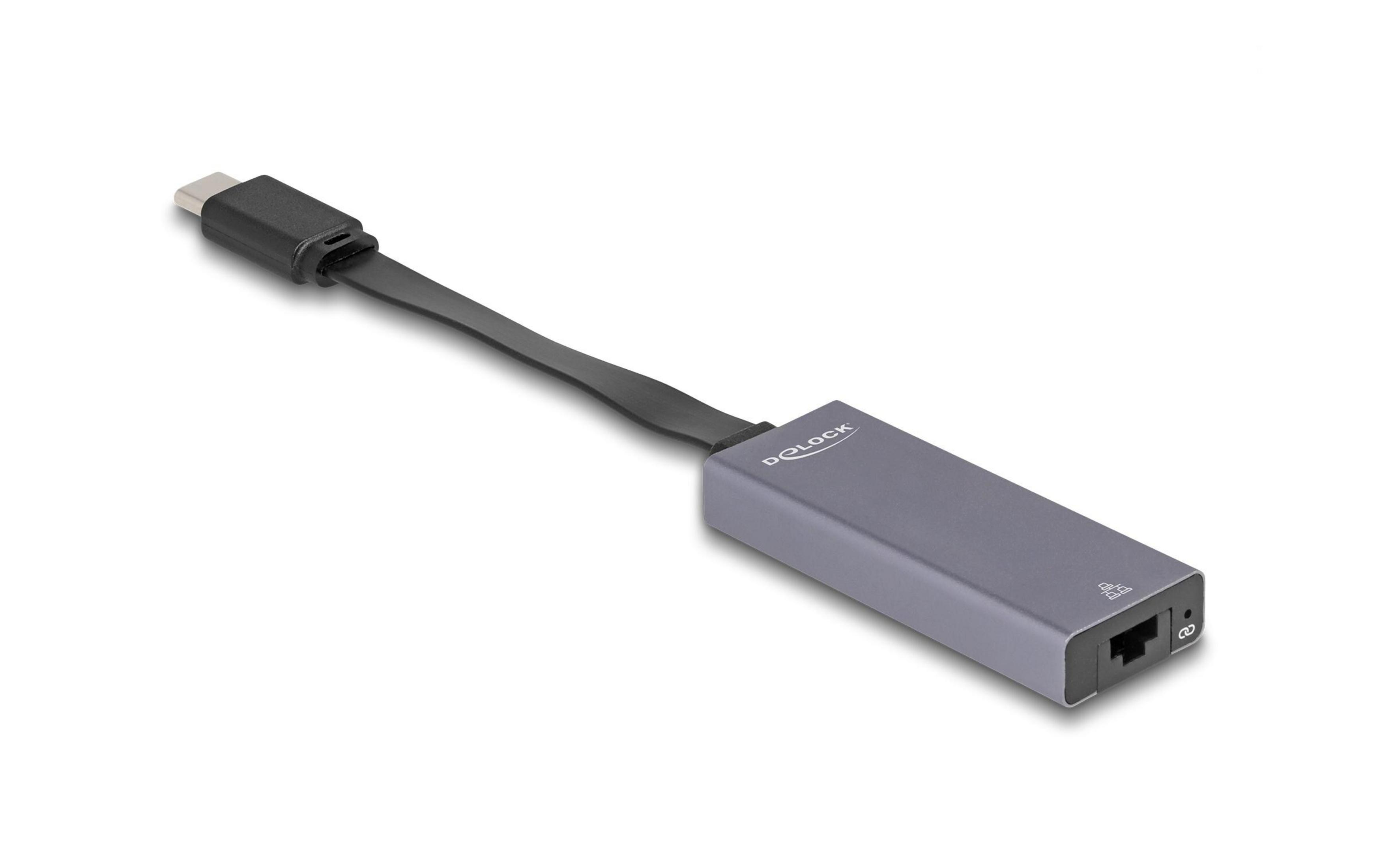 Szary adapter USB-C na Ethernet z czarnym kablem i złączem.