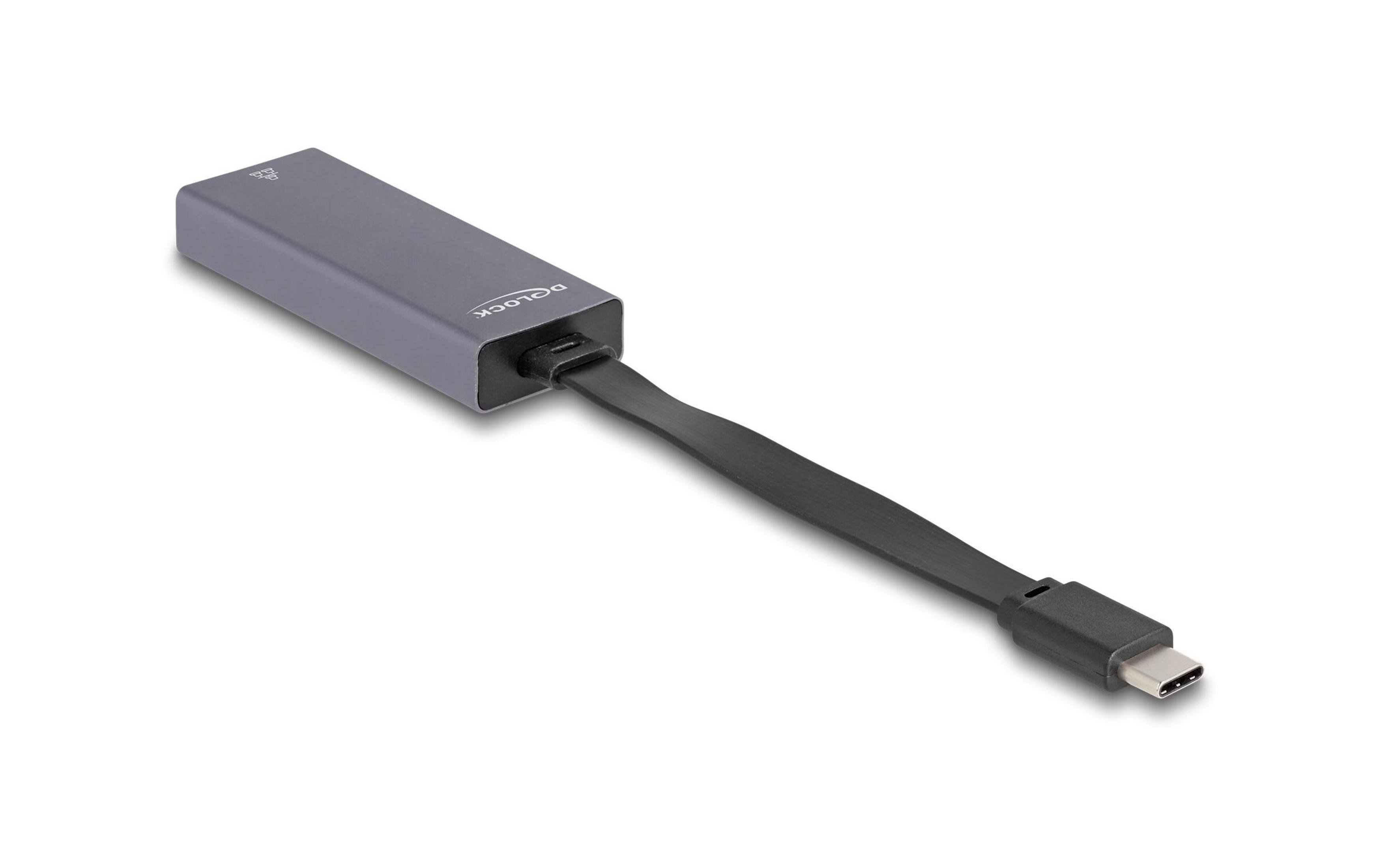 Szary adapter USB-C z czarnym kablem i złączem na białym tle.