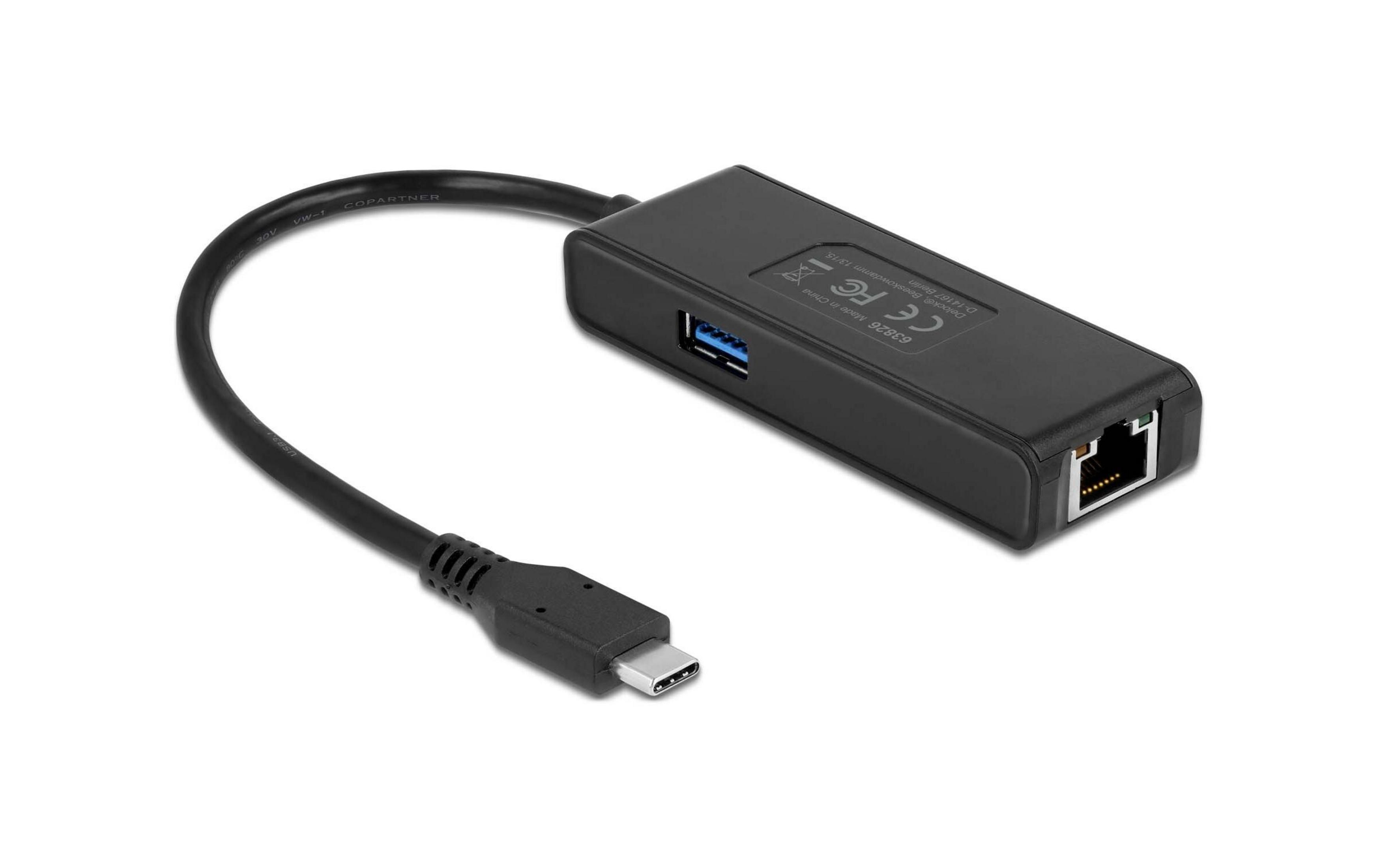 Un adaptador USB-C a Ethernet negro con un puerto USB-A.