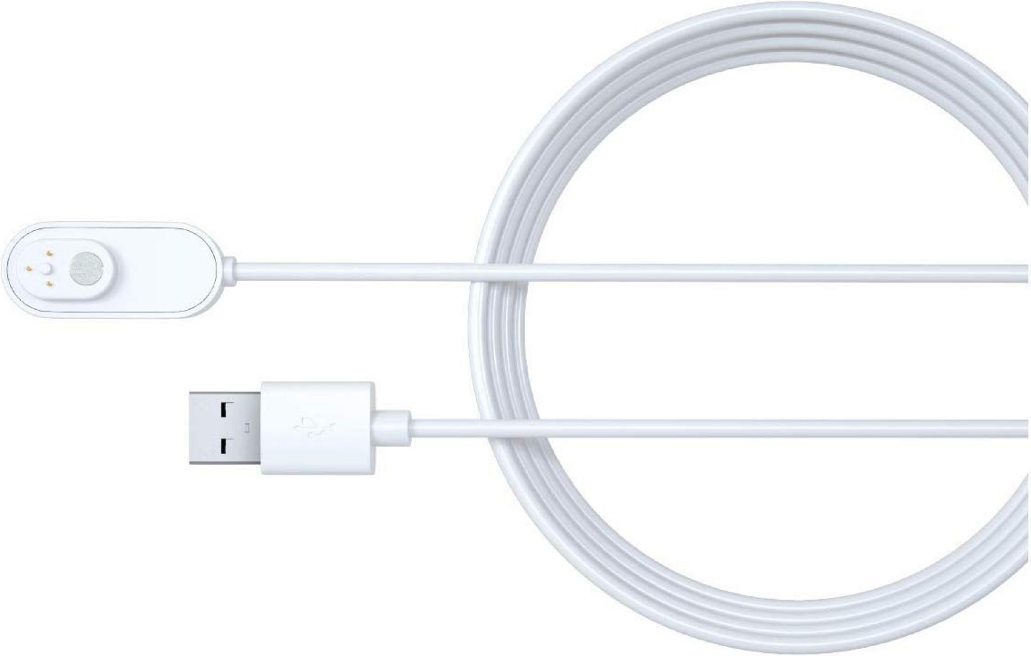 Ein weißes USB-Ladekabel mit magnetischem Ladeanschluss und einem USB-A-Stecker.