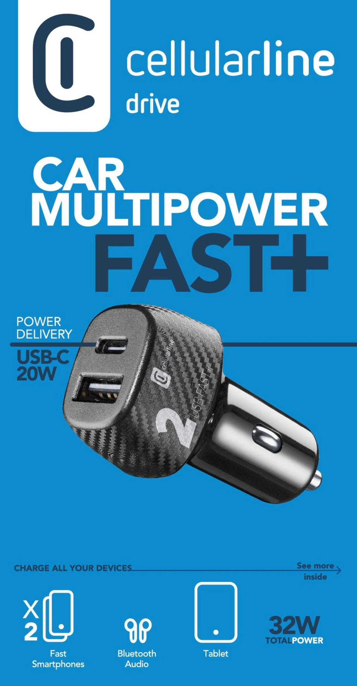 Cargador de coche Cellularline drive con 2 puertos USB, USB-C PD 20W, 32W total.