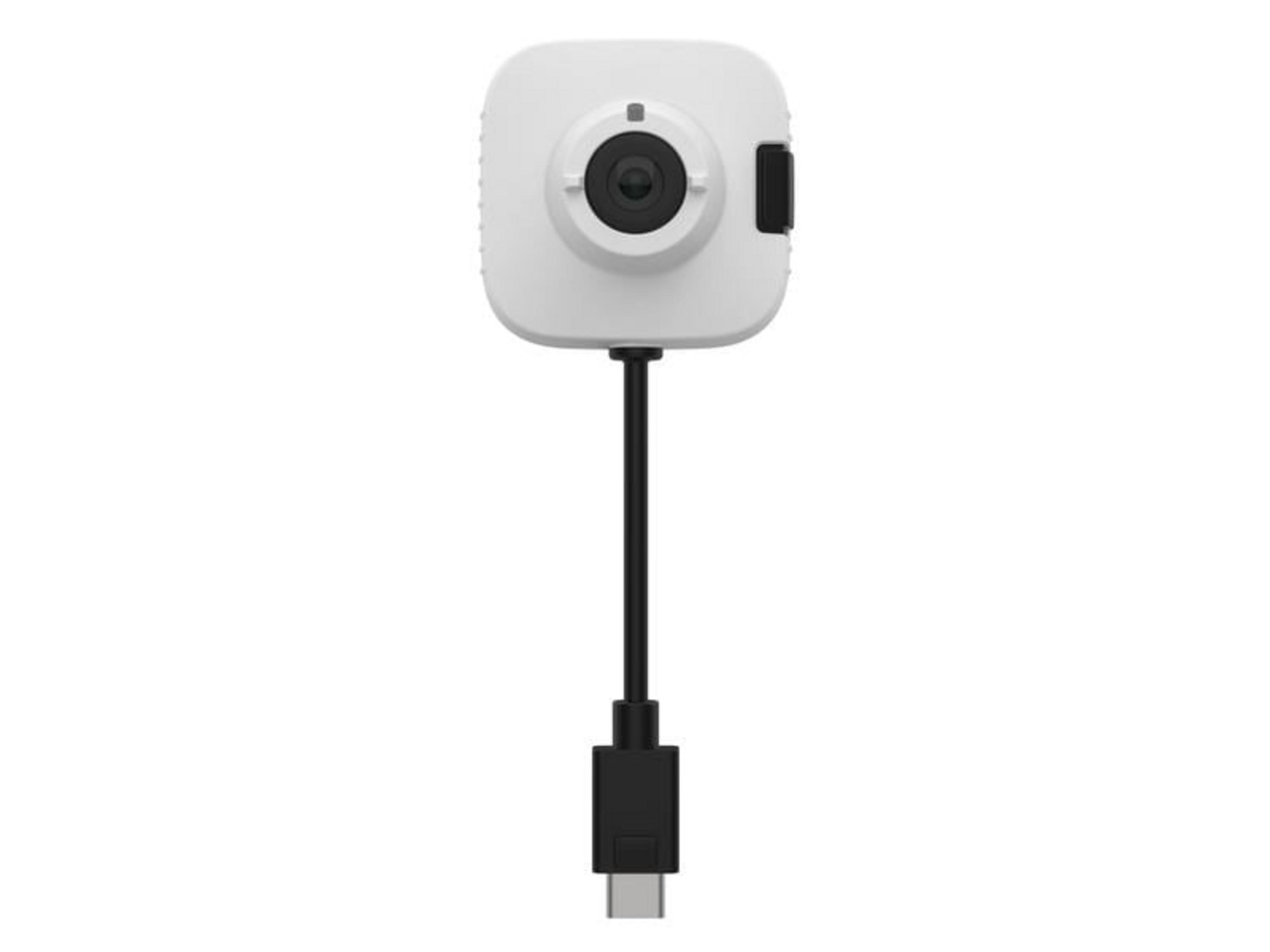 Weiße Kamera mit USB-C-Kabel und Linse.