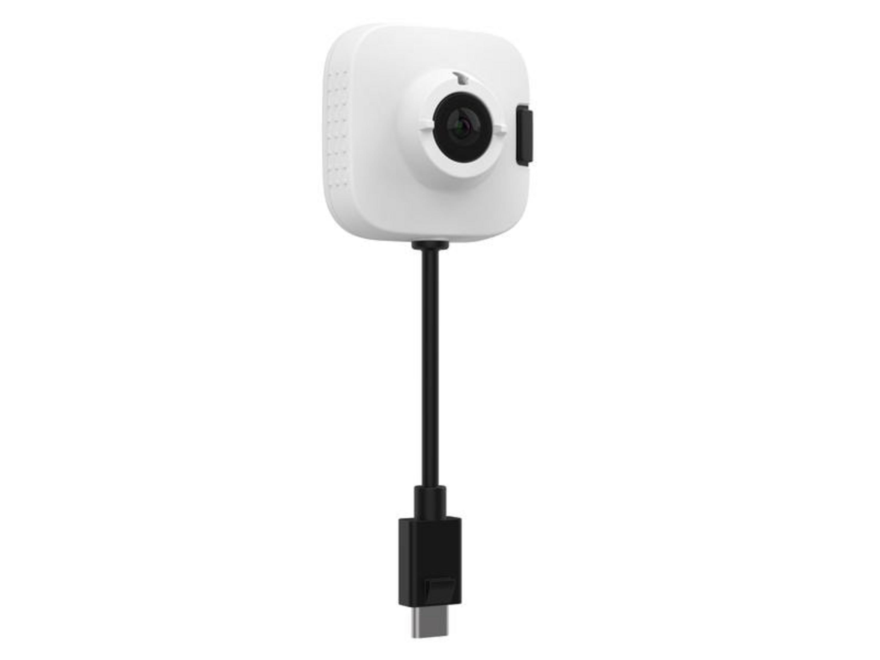 Eine weiße Kamera mit einem schwarzen Kabel und USB-C-Stecker.