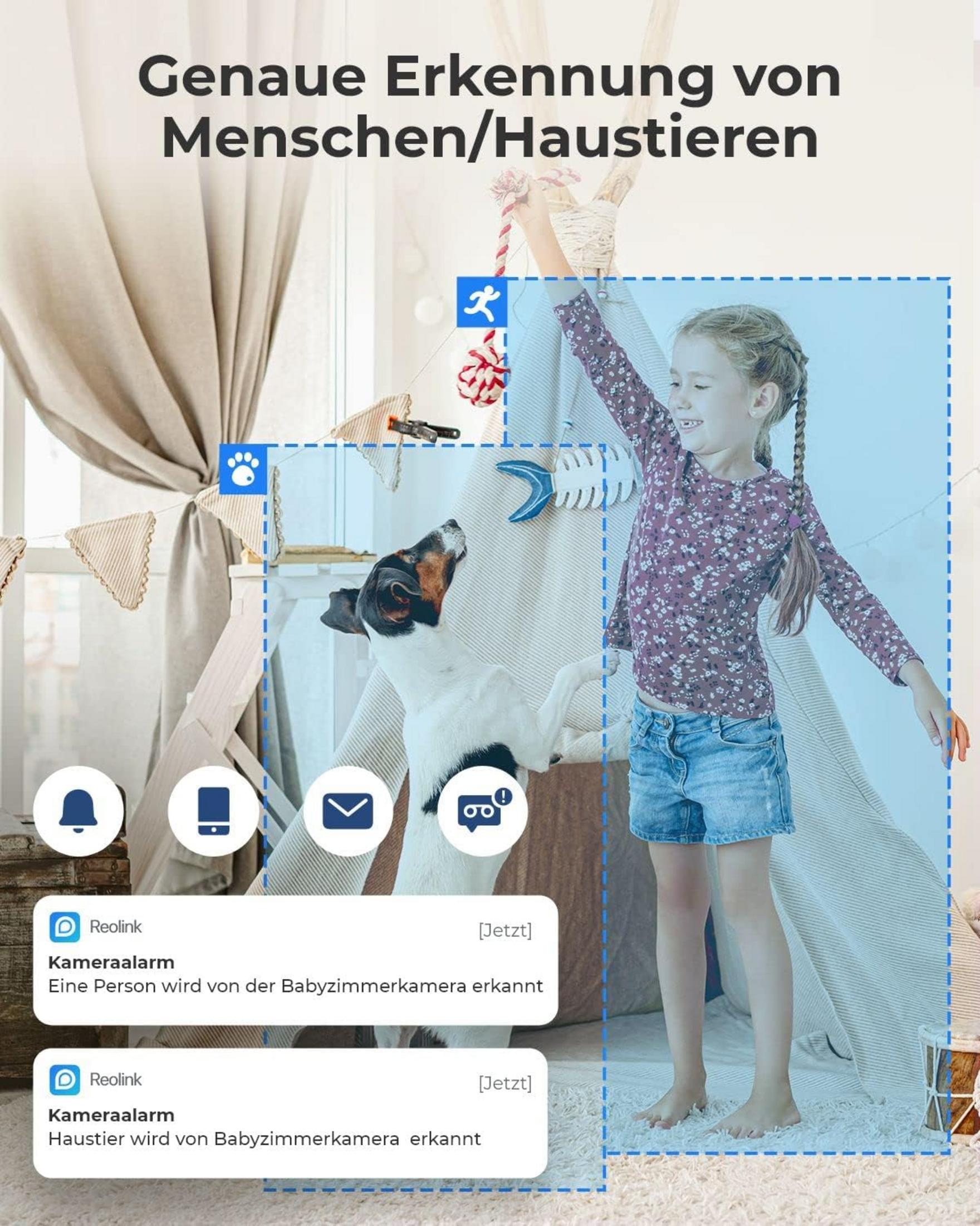 Ein Hund und ein Mädchen in einem Zimmer mit Hinweisen auf eine Kameraerkennung.