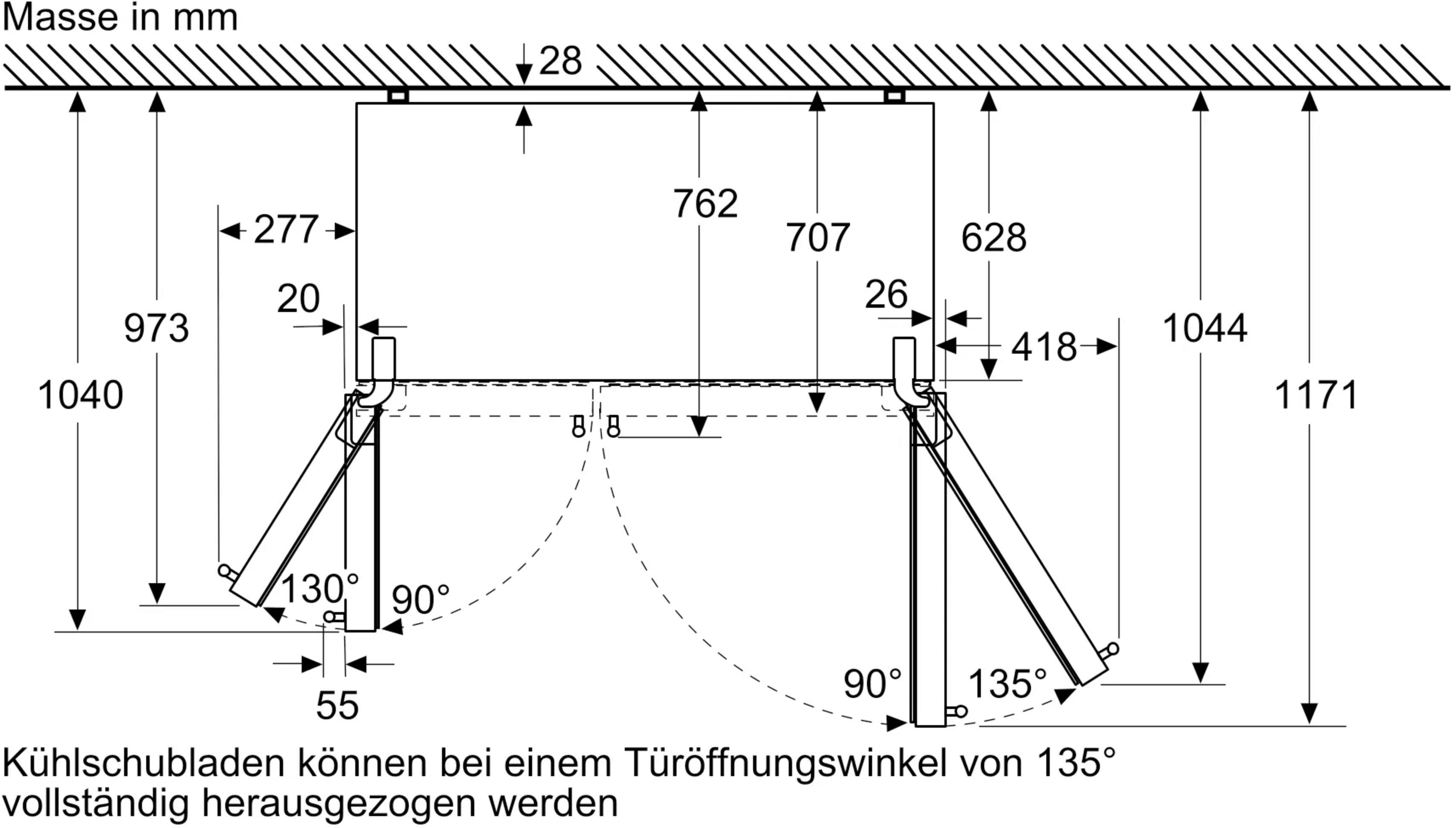 Dessin technique avec dimensions en mm pour réfrigérateurs. Indique les dimensions d'installation et les angles d'ouverture de porte.