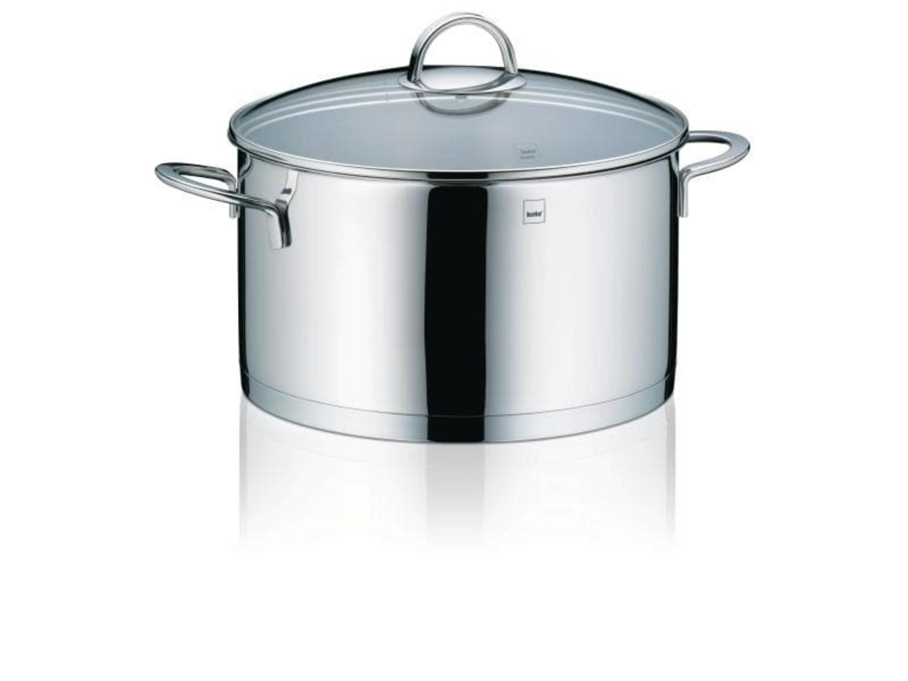Błyszczący garnek ze stali nierdzewnej z szklaną pokrywką i dwoma uchwytami.