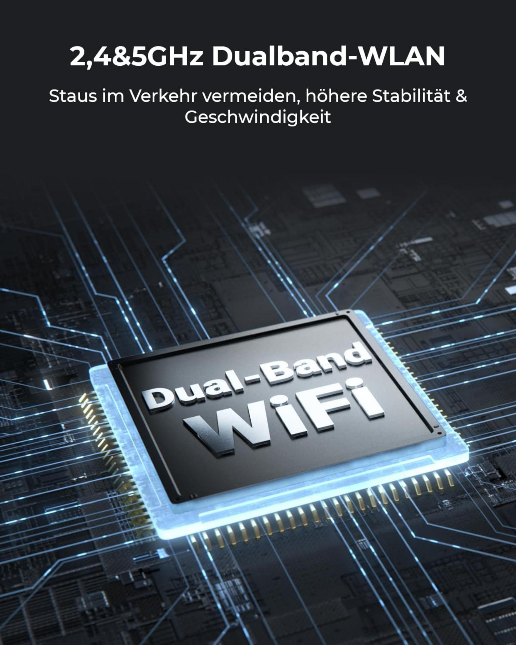 Ein Dual-Band-WLAN-Chip auf einer Leiterplatte, mit leuchtenden Linien.