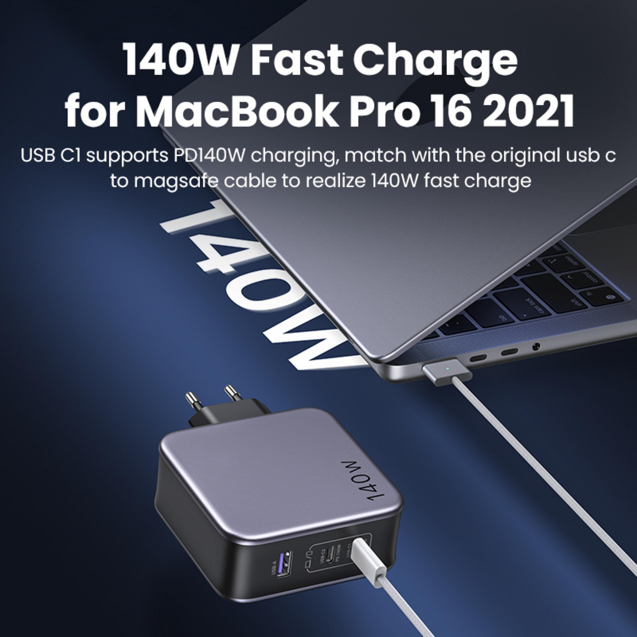 Gri 140W şarj cihazı USB-C üzerinden MacBook Pro'ya bağlı.