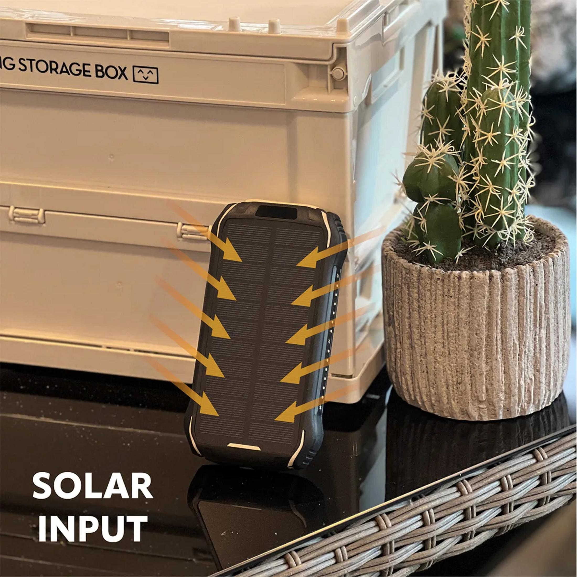 Un chargeur solaire noir avec des flèches pointant vers lui, à côté d'un cactus.
