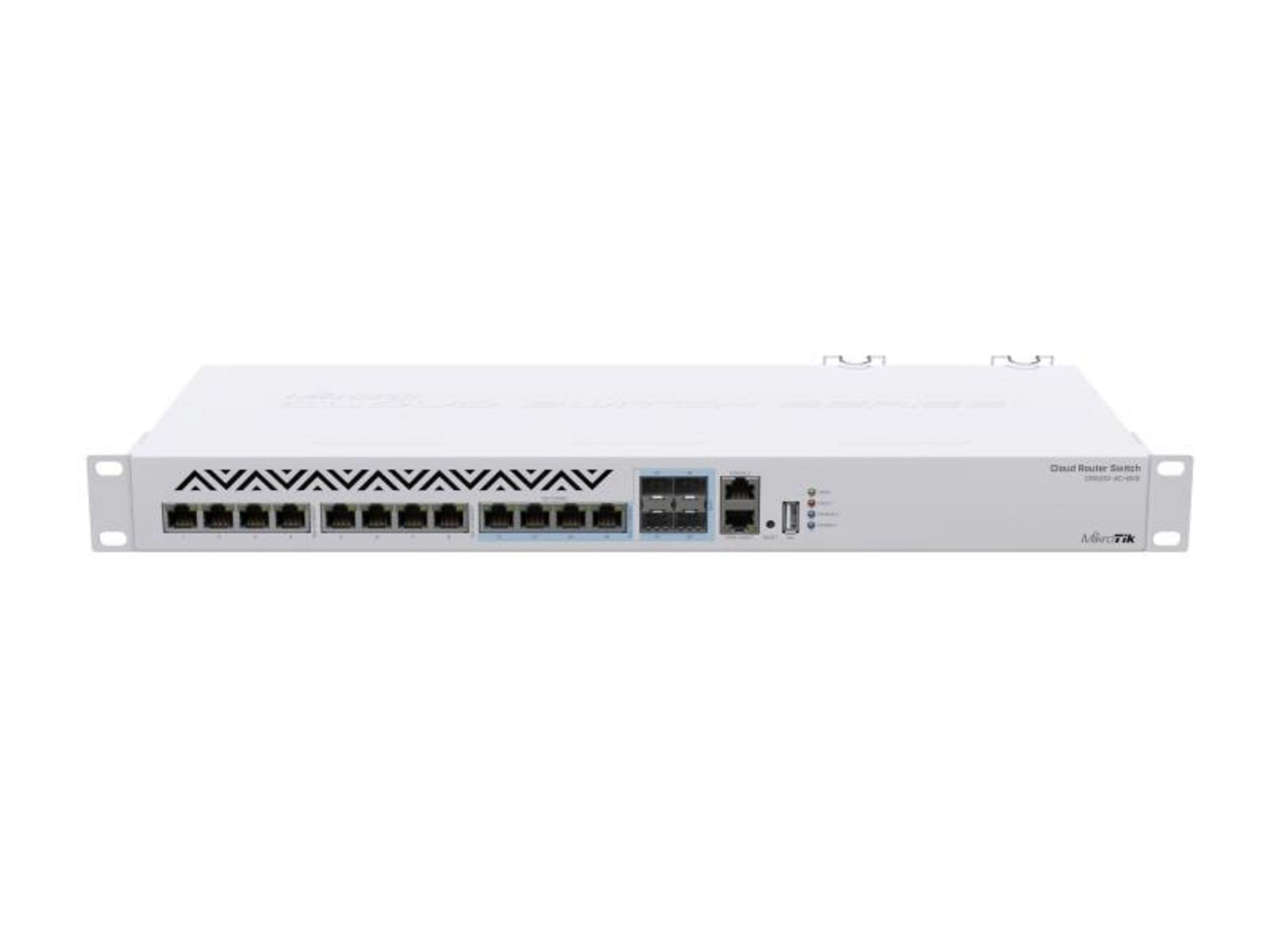 Un router di rete bianco con molte porte e luci.