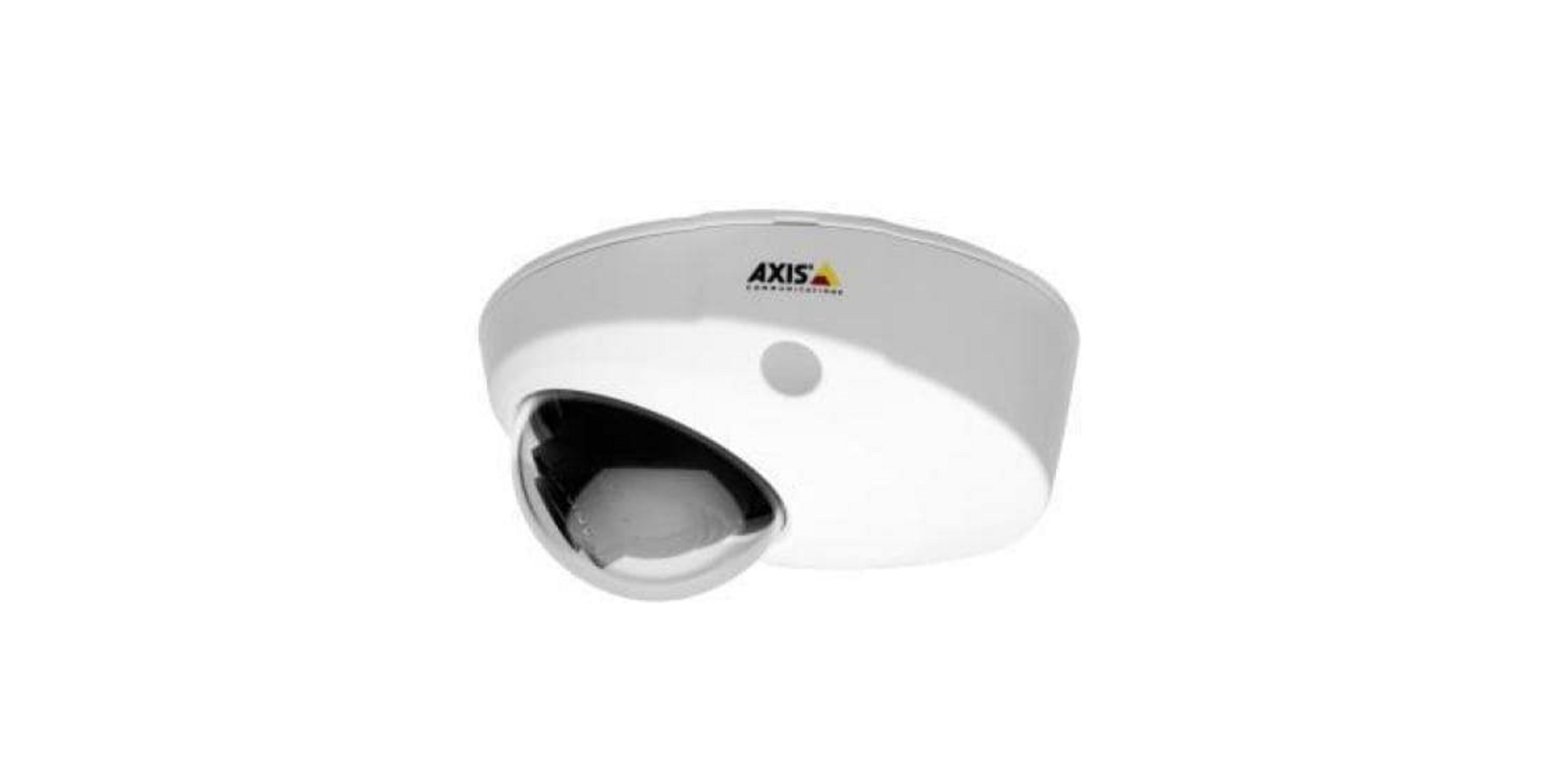 Una telecamera di sorveglianza bianca con lente lucida e logo AXIS.