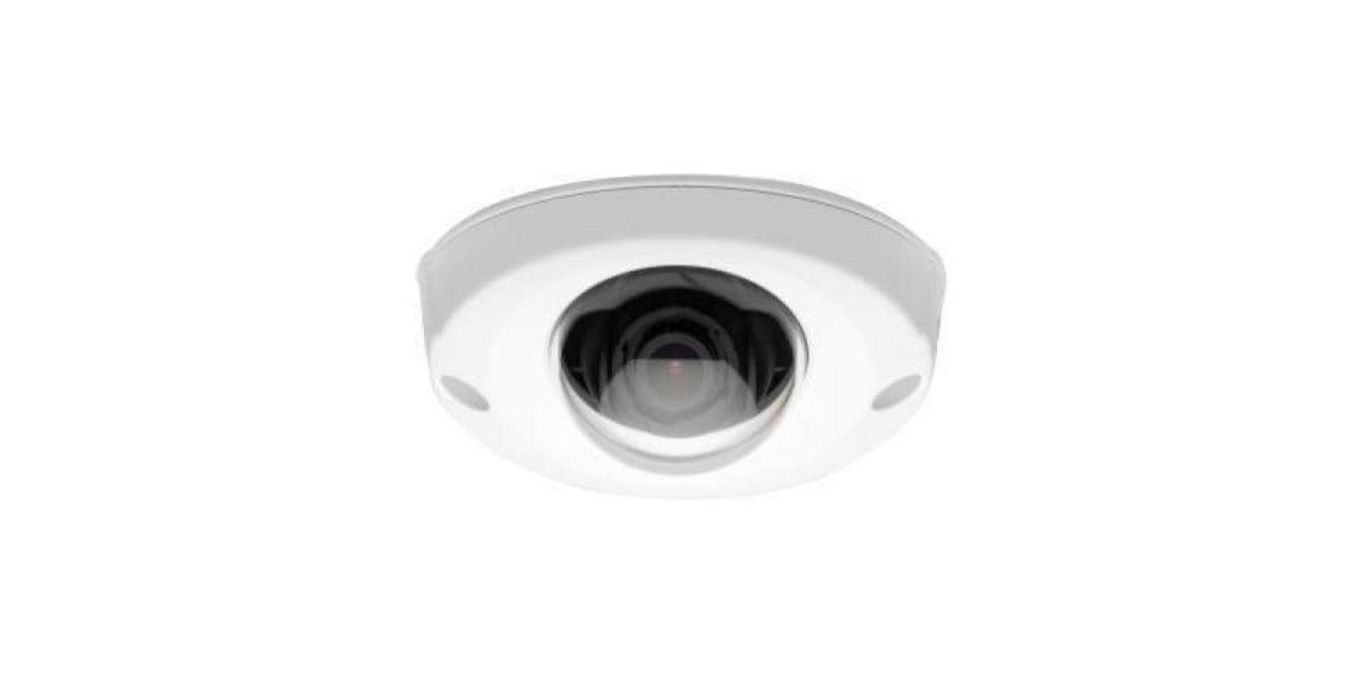Una telecamera di sicurezza bianca con obiettivo scuro è mostrata su sfondo bianco.
