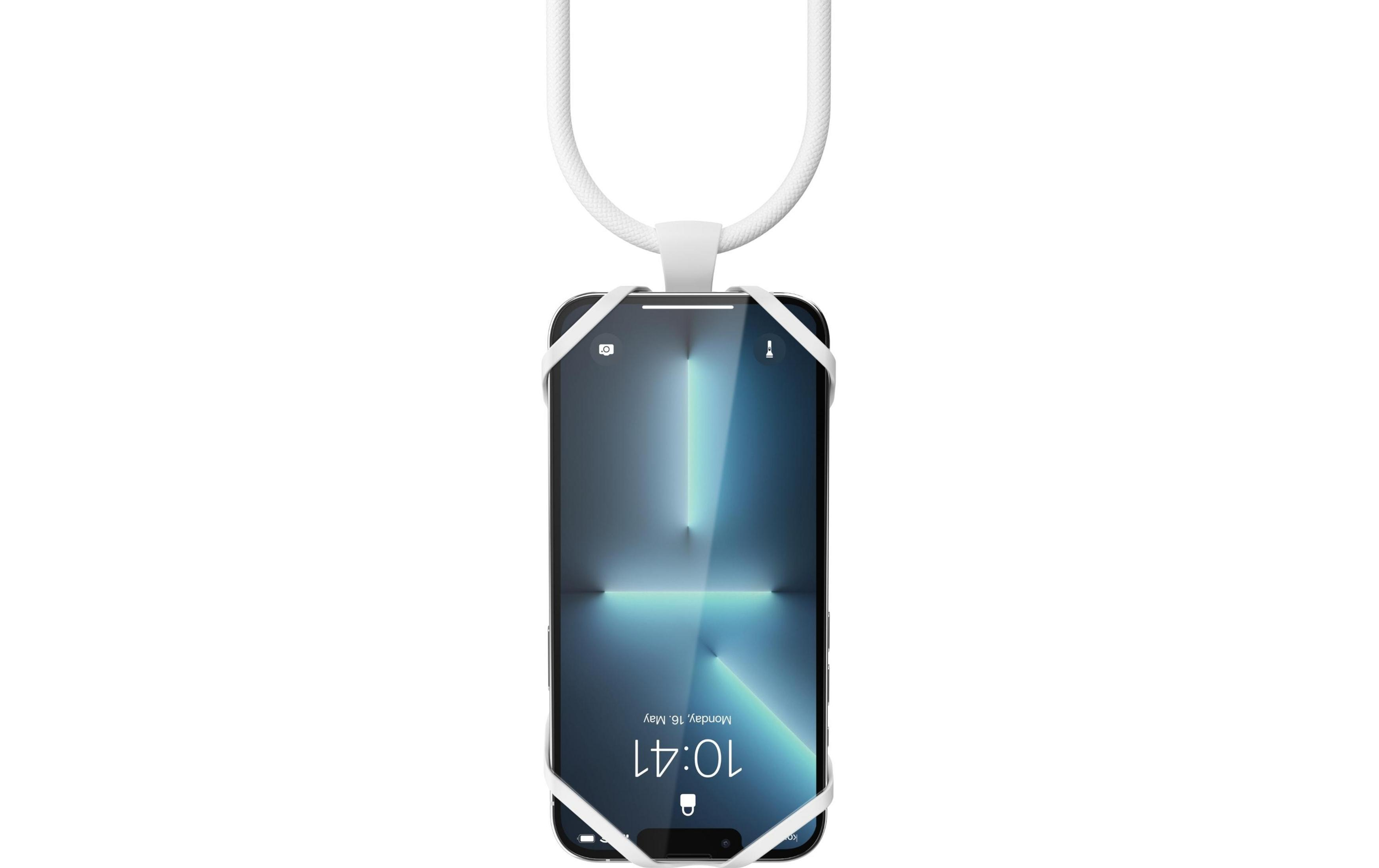 Ein Smartphone mit einem weißen Halteband hängt an einem weißen Band.