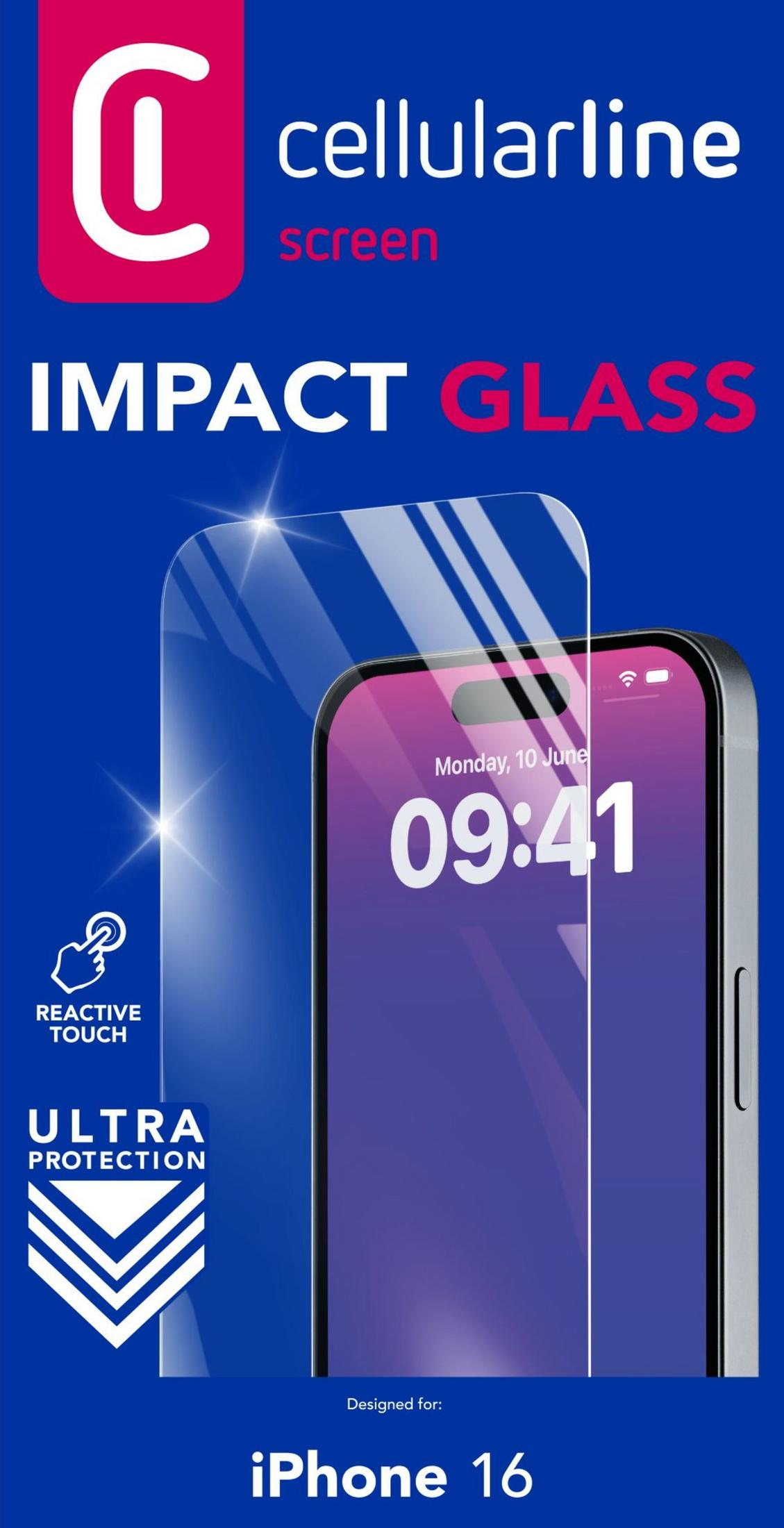 Protector de pantalla Cellularline Impact Glass para iPhone 16. Muestra hora 09:41.