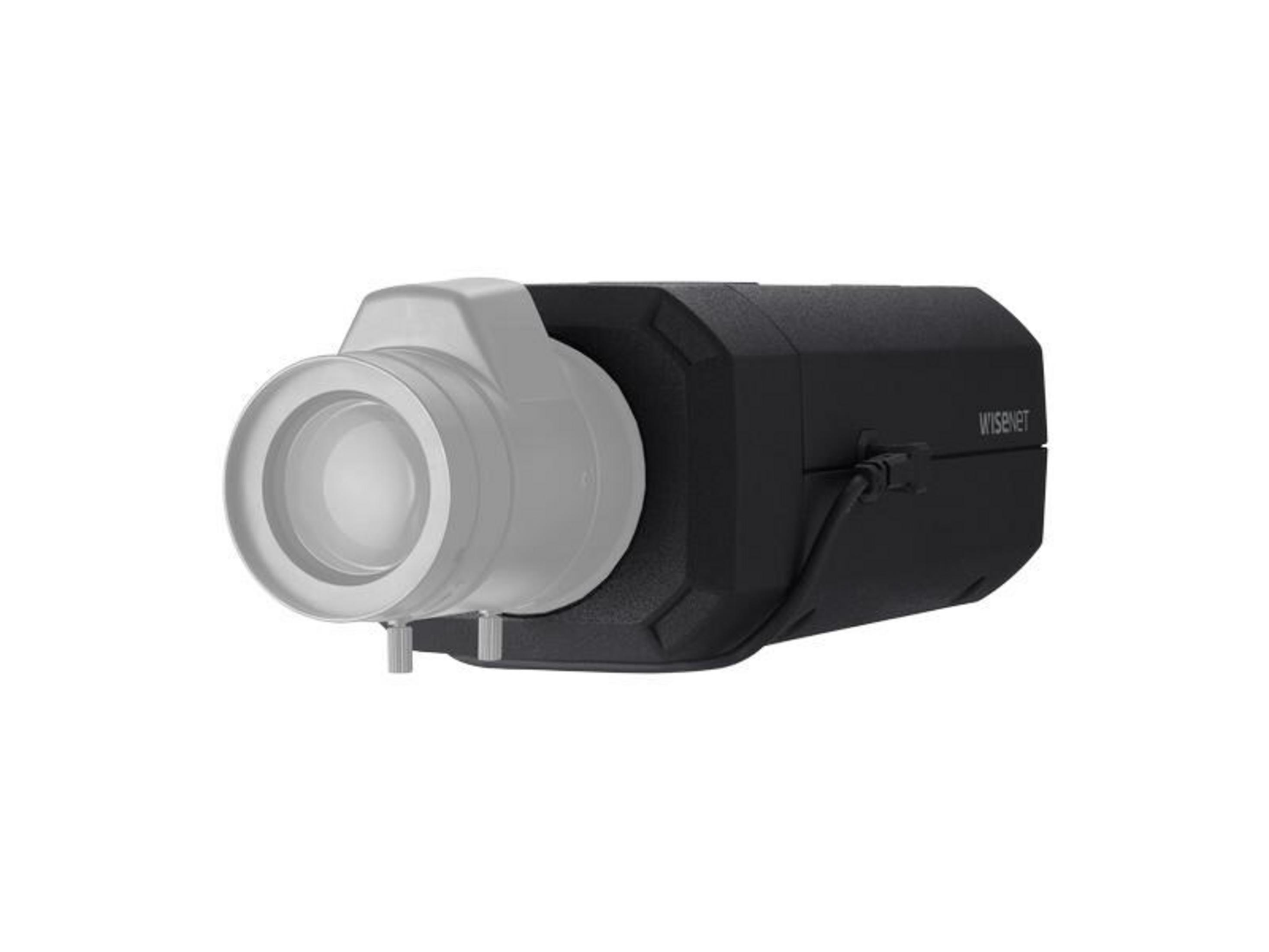 Una telecamera nera e grigia con lente rotonda e un cavo.