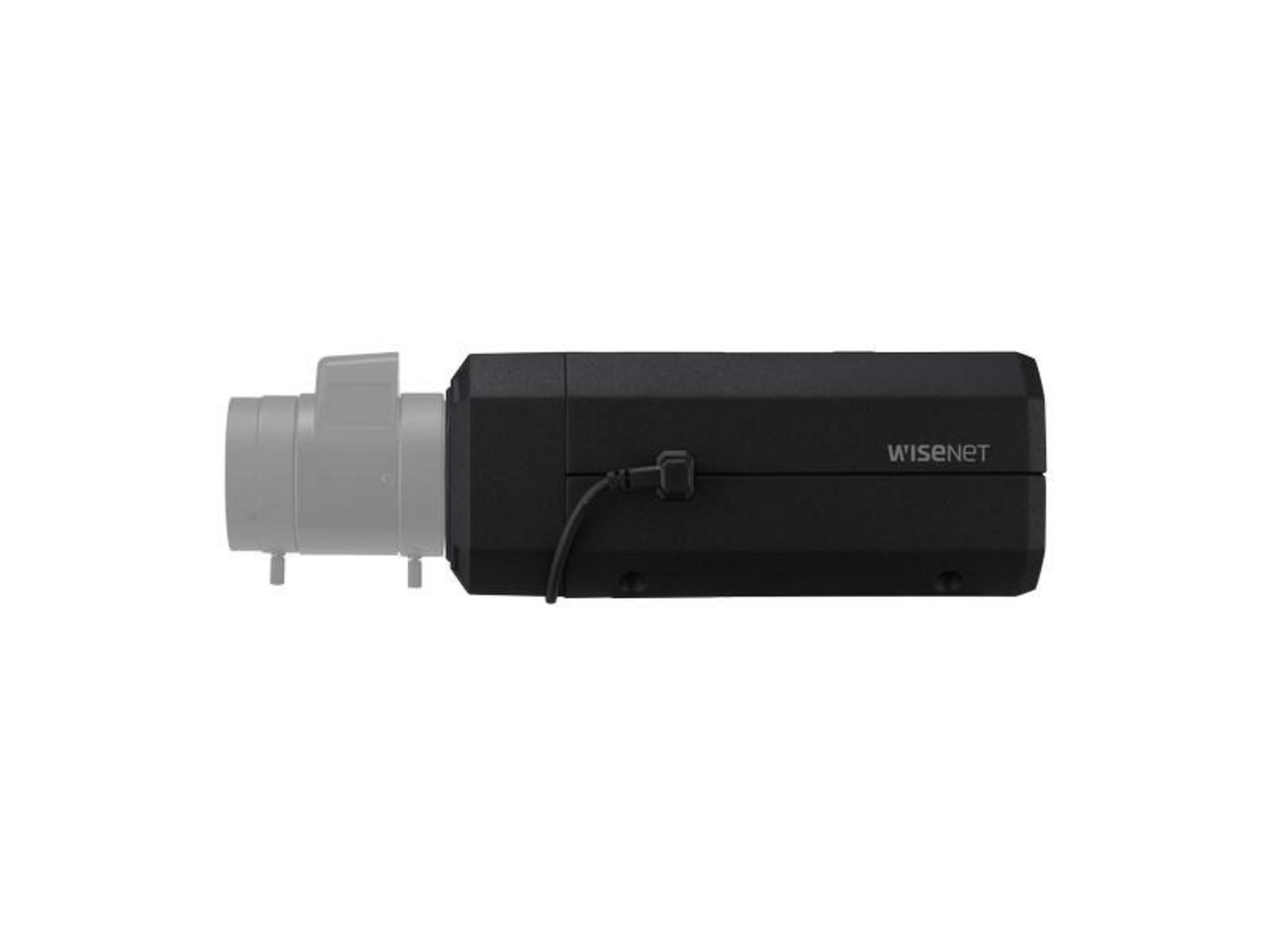Telecamera nera con logo Wisenet e attacco lente grigio.
