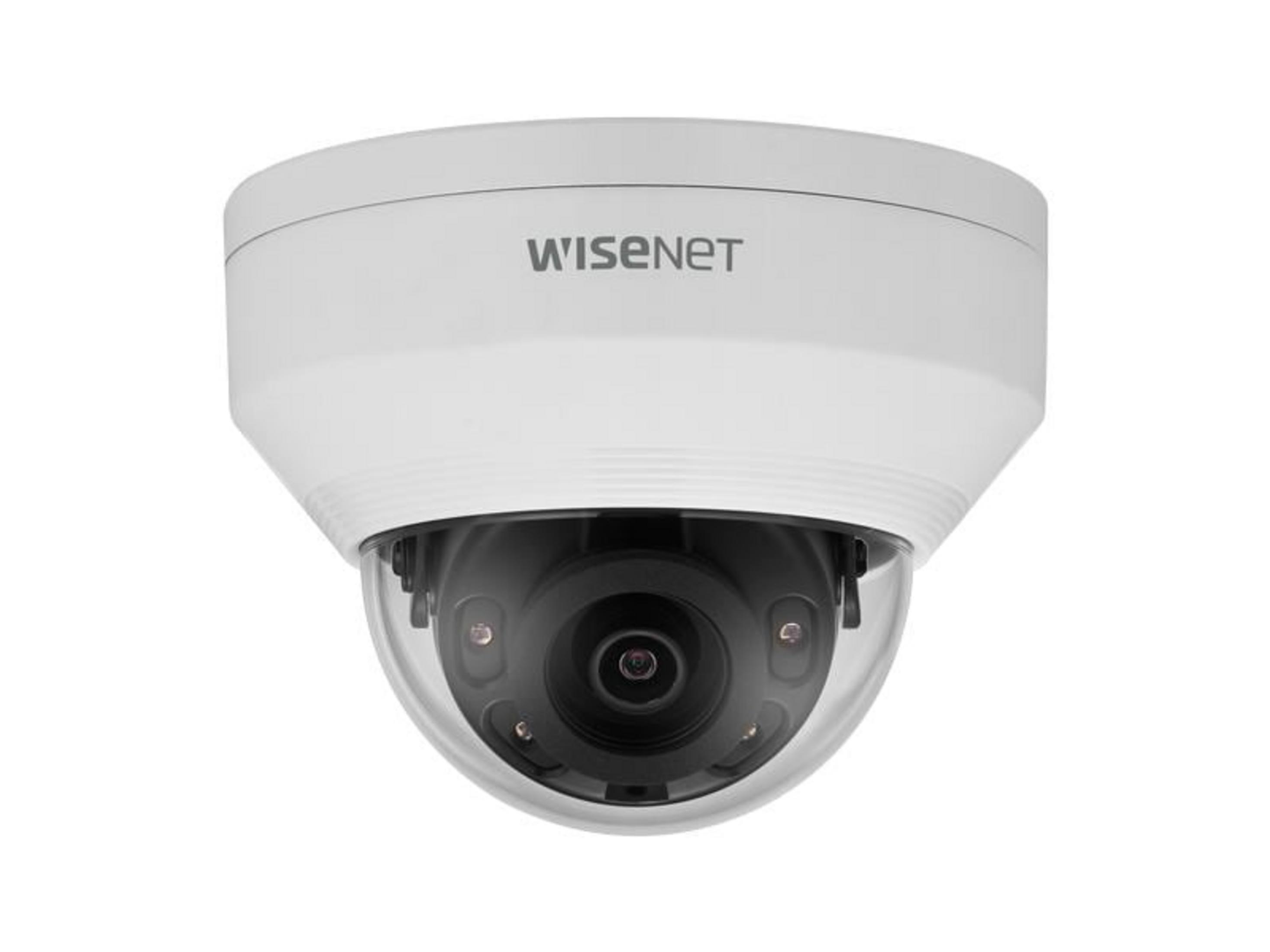Eine weiße Dome-Überwachungskamera mit dem Logo WISENET.