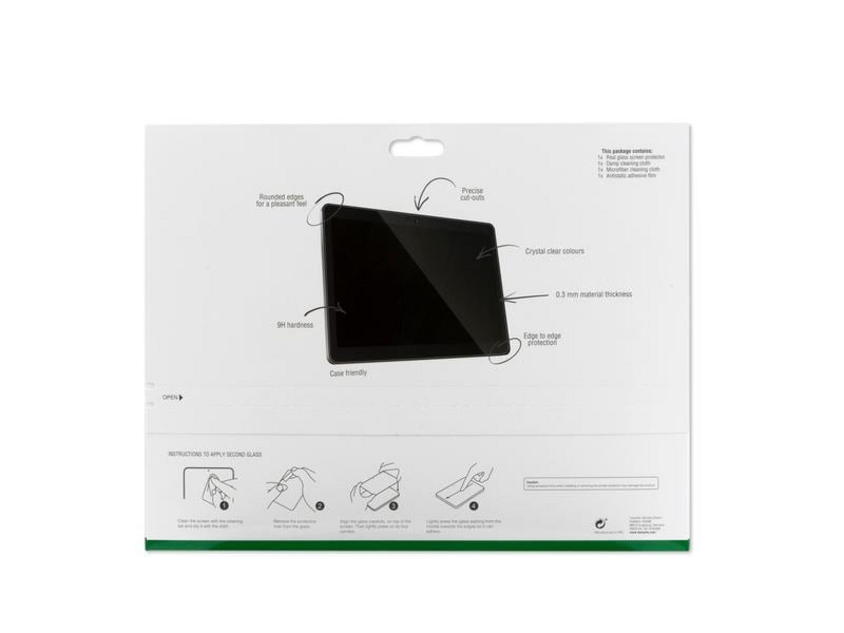 La confezione mostra una protezione per lo schermo del tablet con indicazioni sulle caratteristiche.