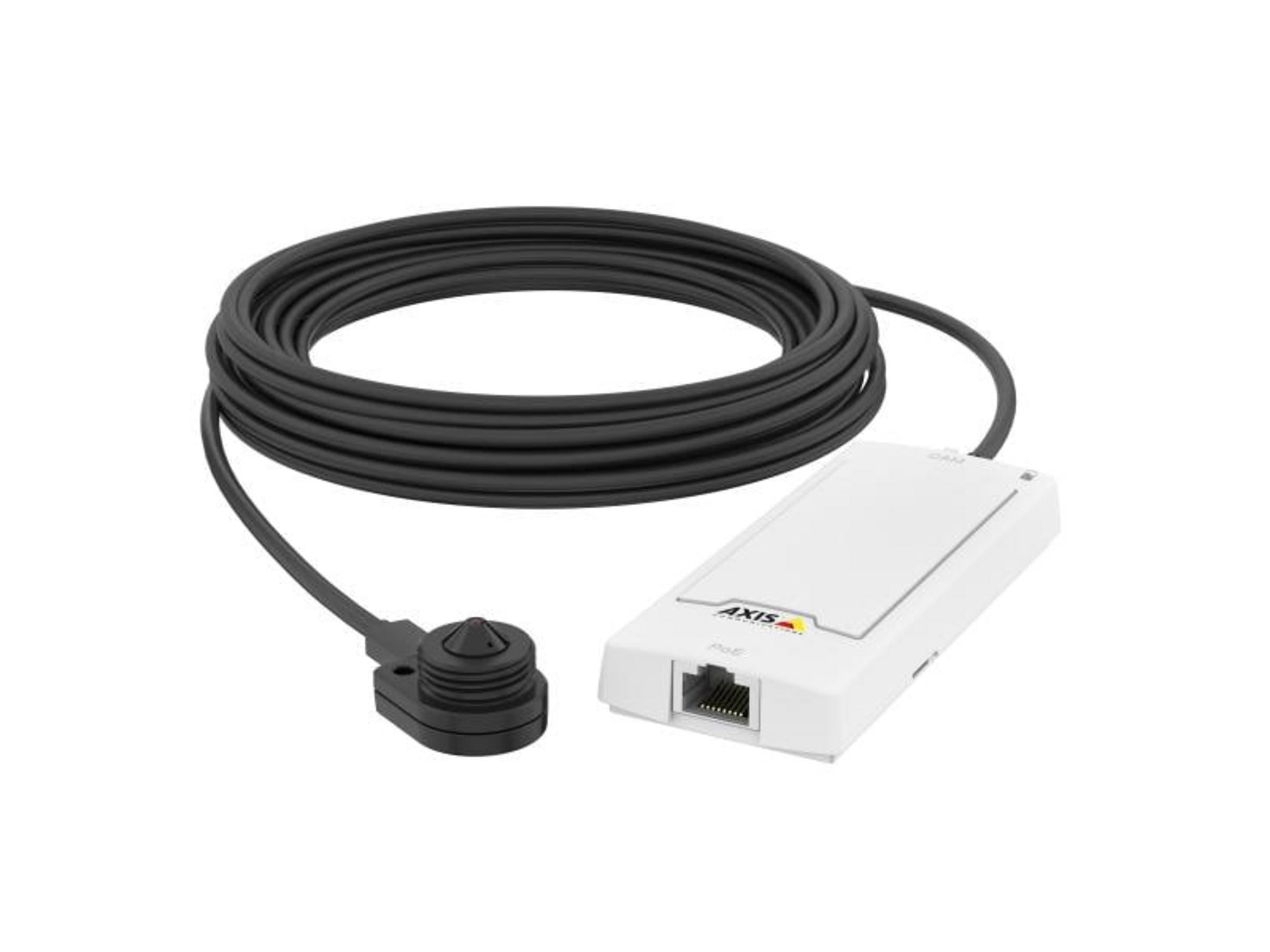 Białe urządzenie Axis z czarnym kablem i małą kamerą.