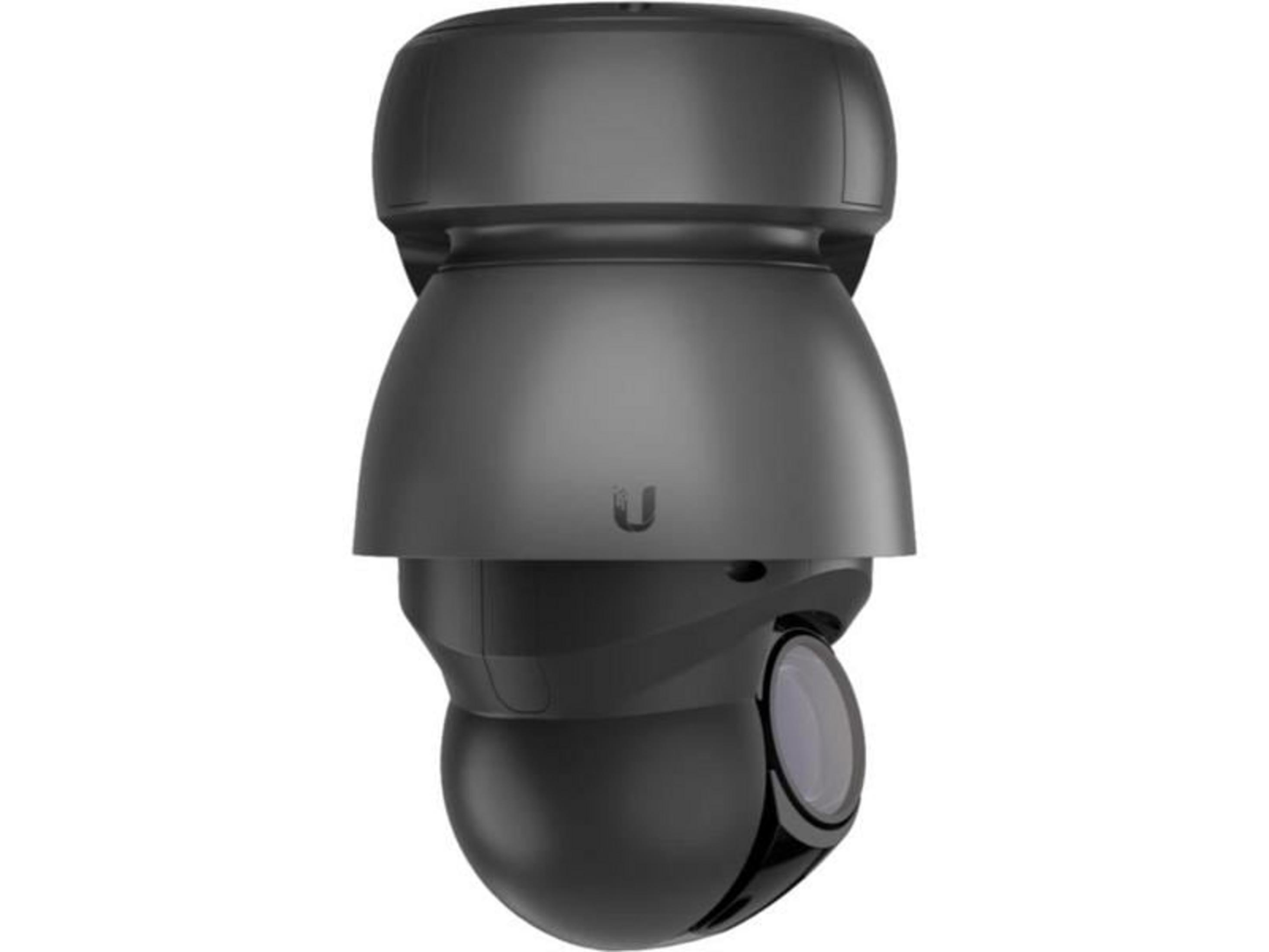 Czarna kamera monitorująca z logo U na białym tle.