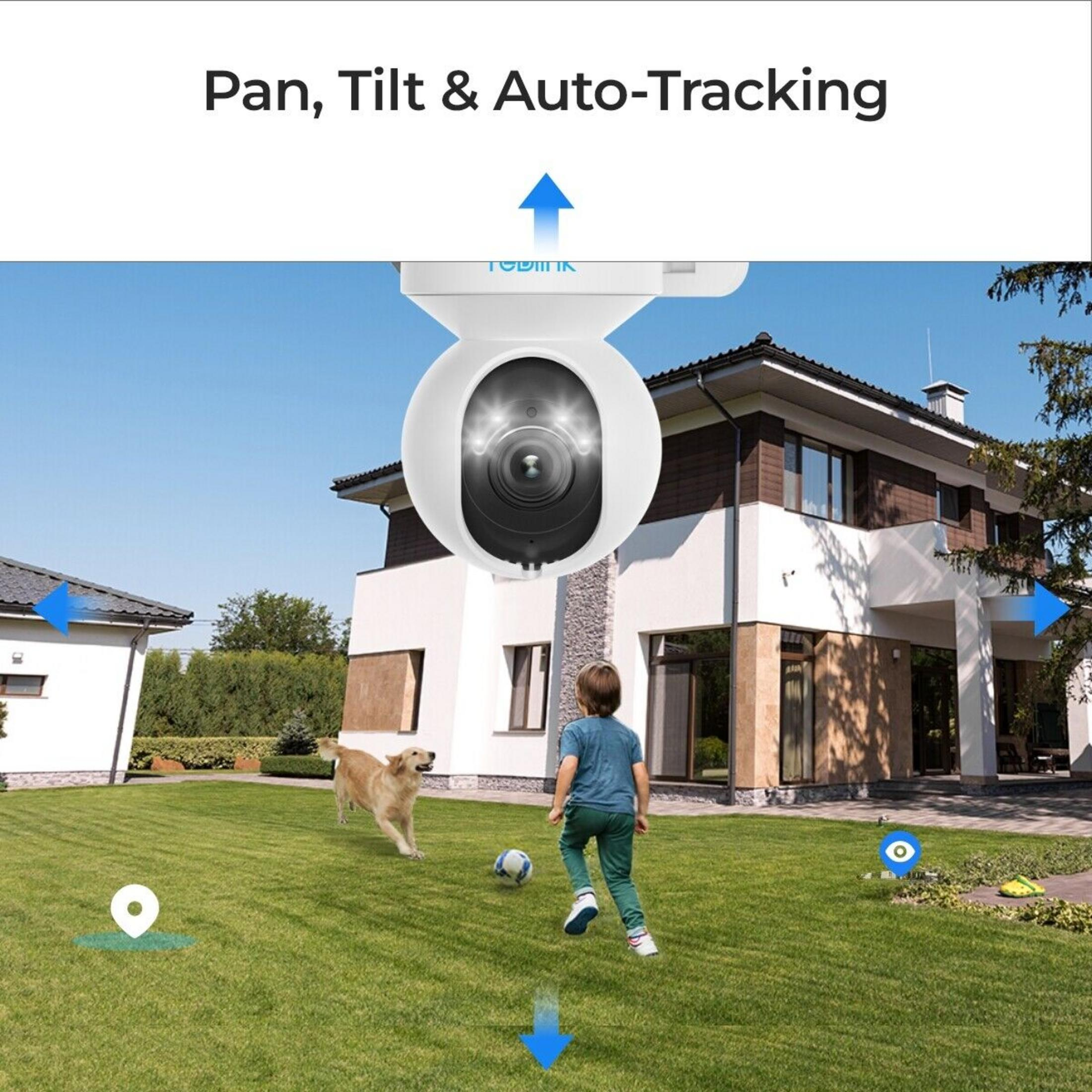 Ein Junge spielt Fußball mit einem Hund in einem Garten vor einem Haus.