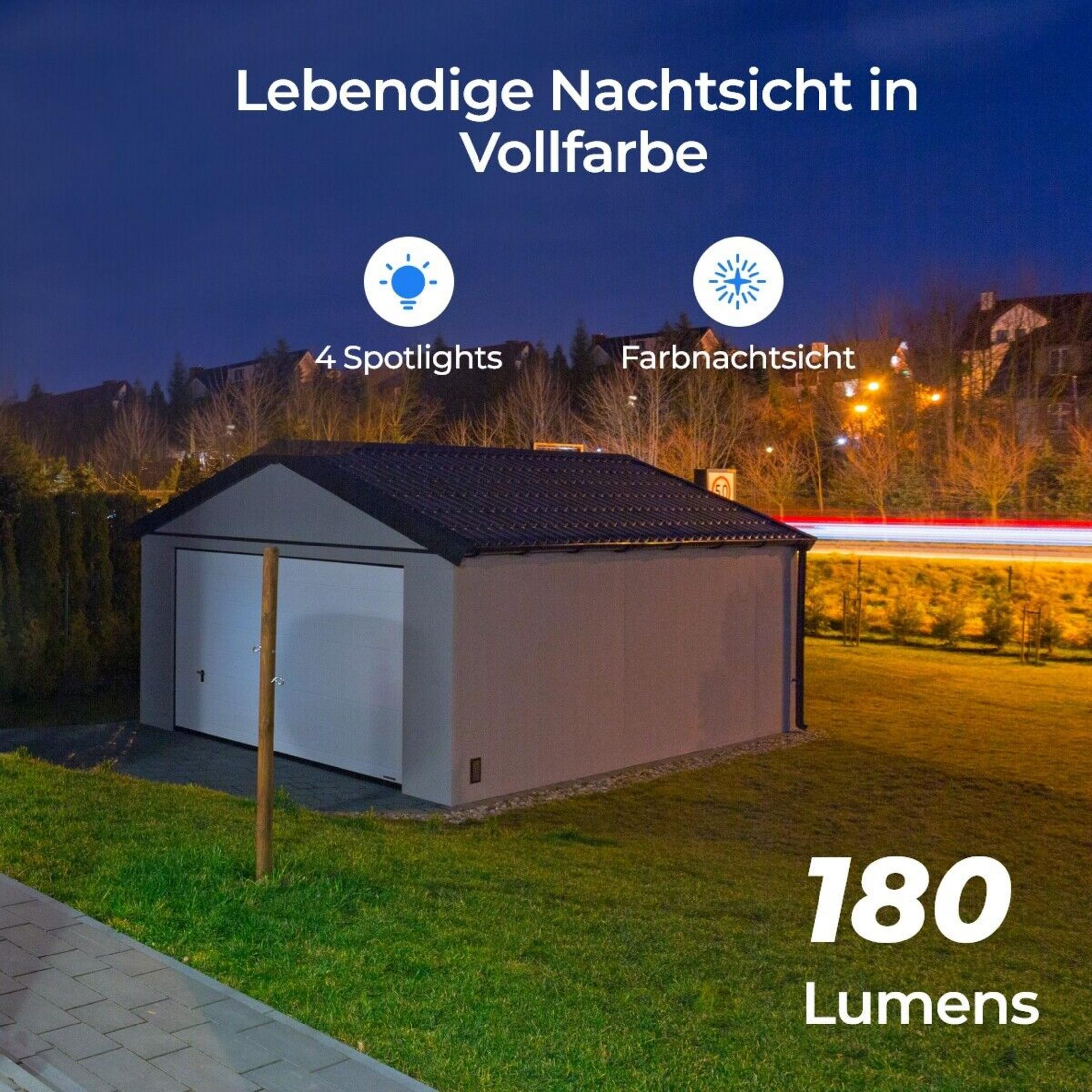 Graues Garagentor bei Nacht mit 180 Lumen, 4 Scheinwerfern und Farbnachtsicht.