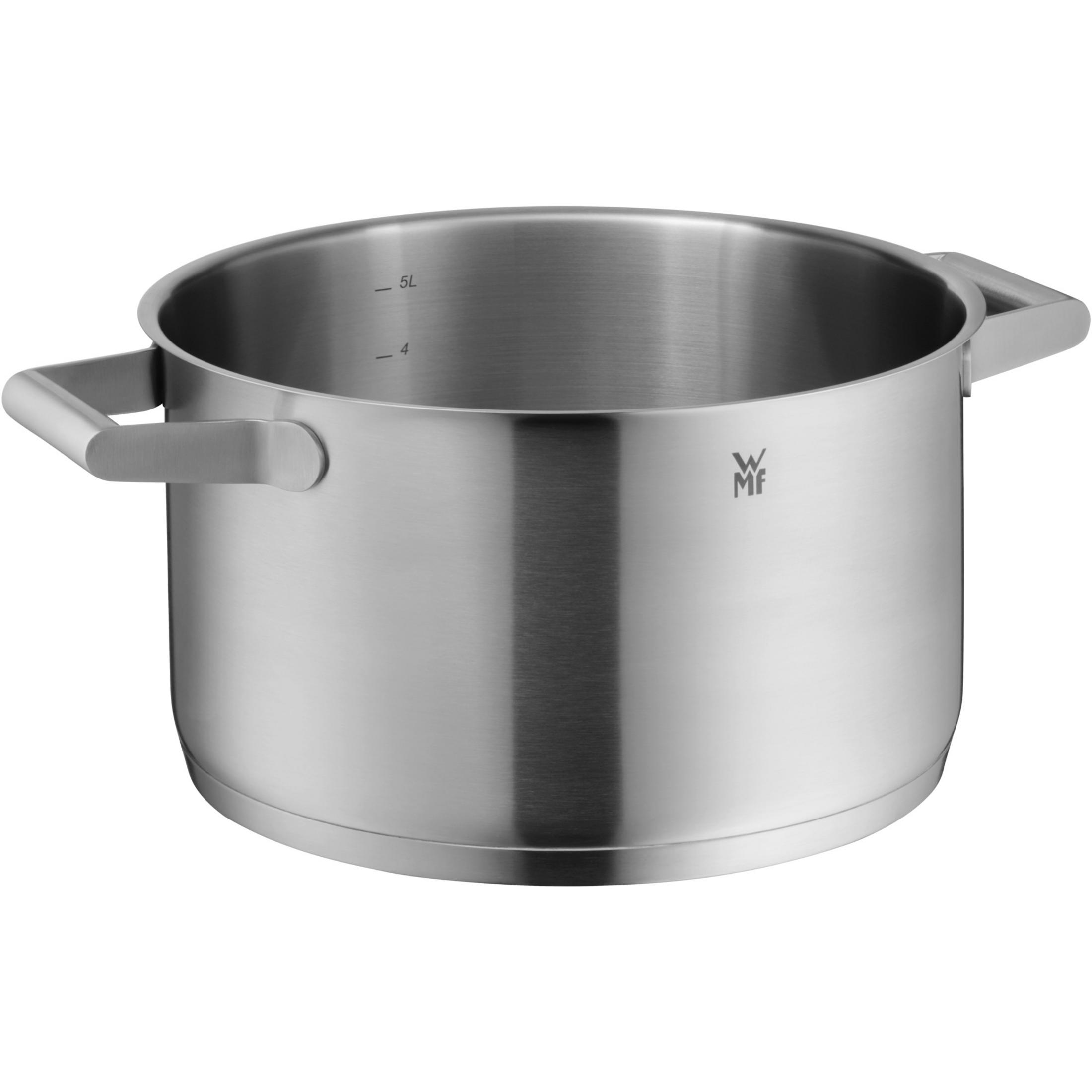 Casserole argentée avec deux poignées et un repère de 5L.