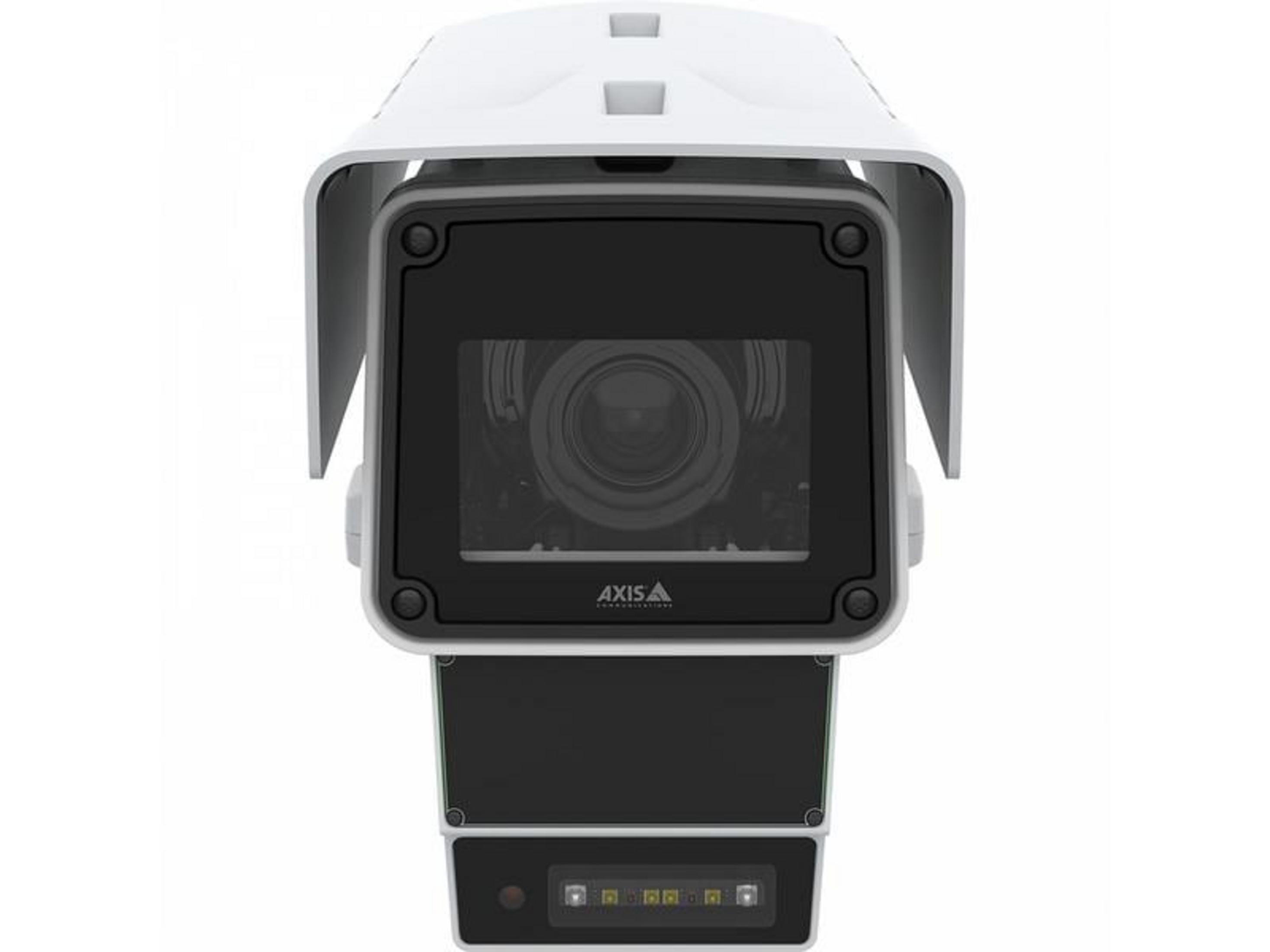 Biała kamera bezpieczeństwa z czarnym obiektywem i srebrnymi akcentami.