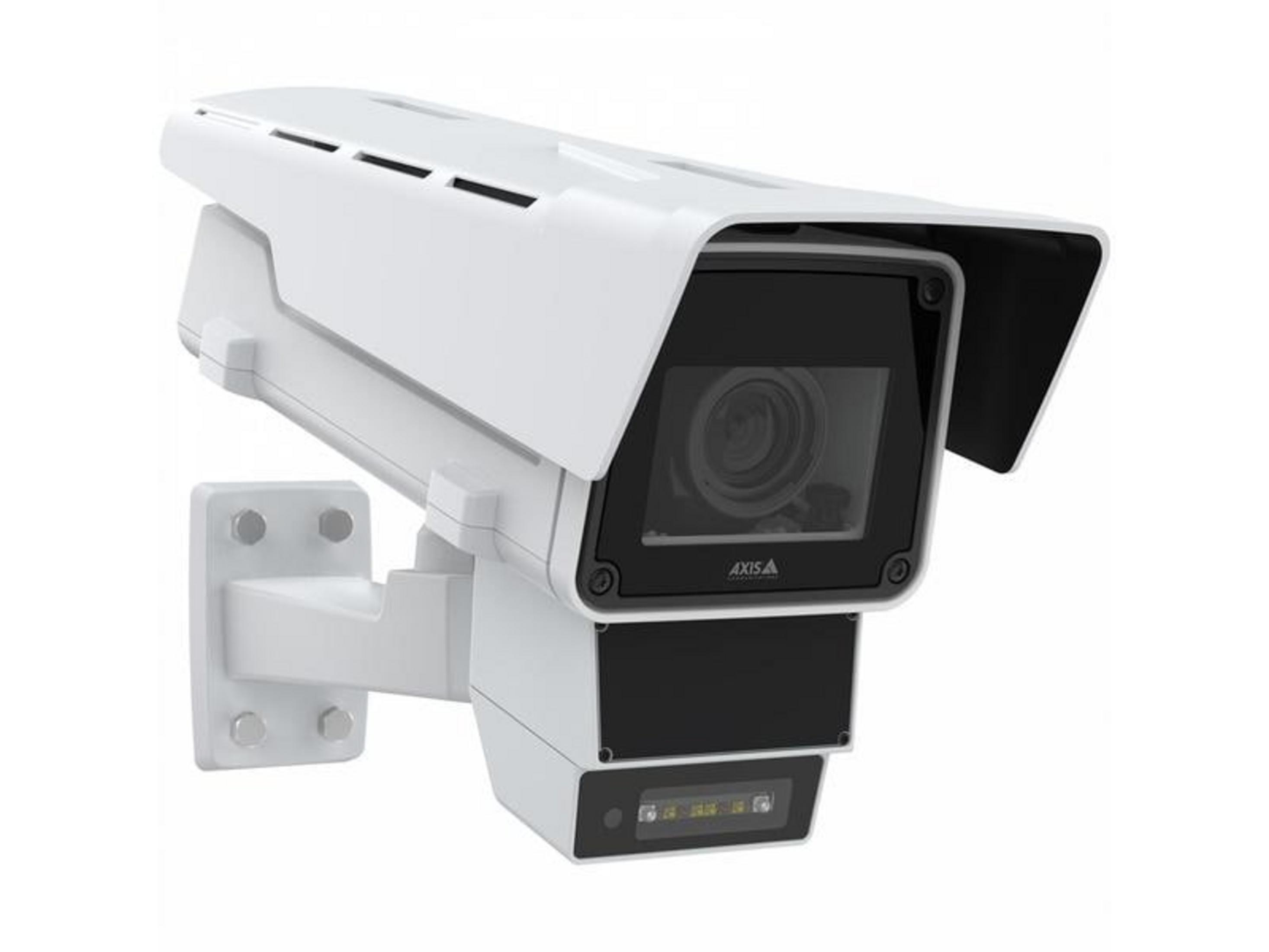 Biała kamera bezpieczeństwa z czarnym obiektywem i mocowaniem.