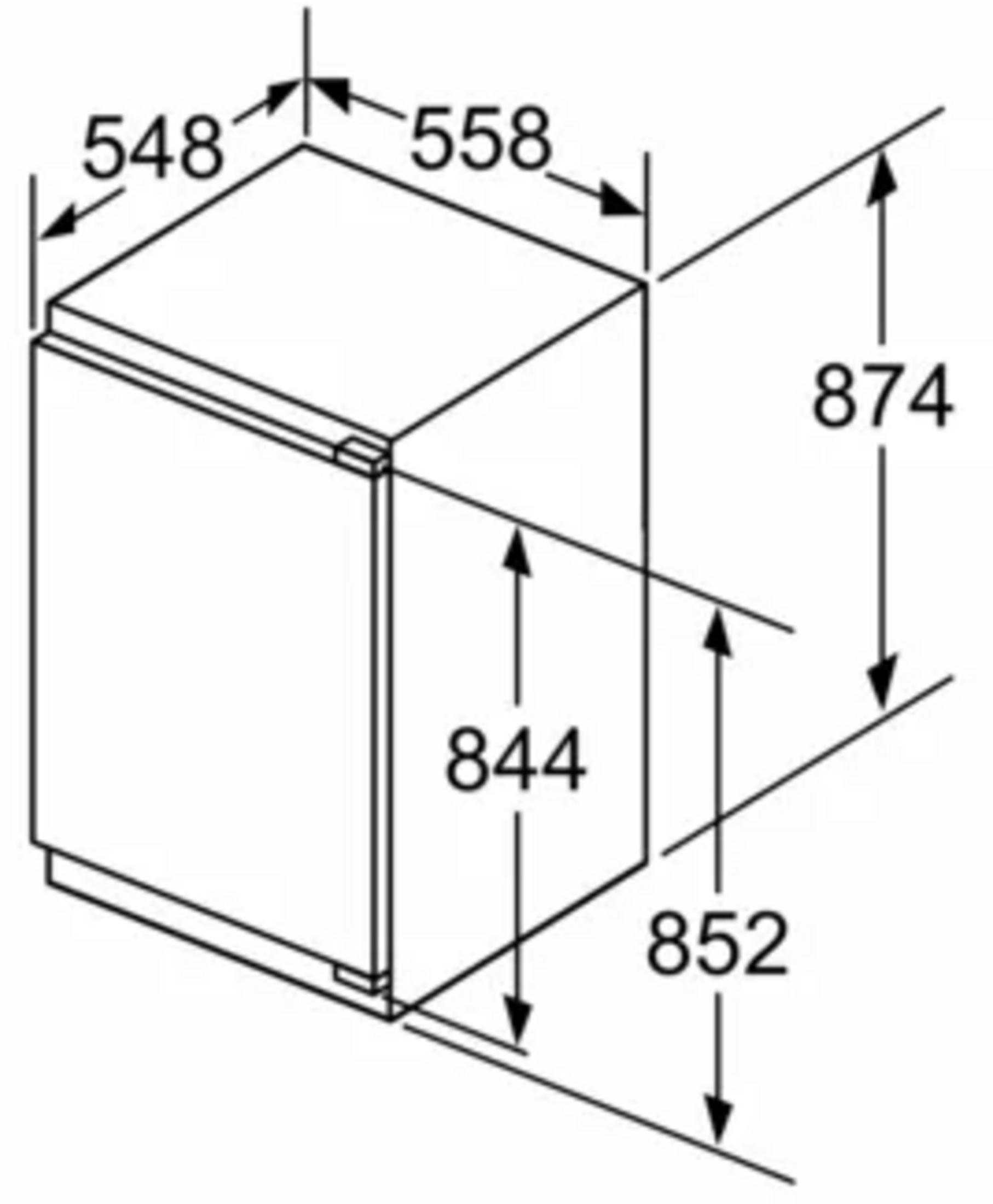 Disegno tecnico di un elettrodomestico con dimensioni: Larghezza 548/558mm, Altezza 874mm.