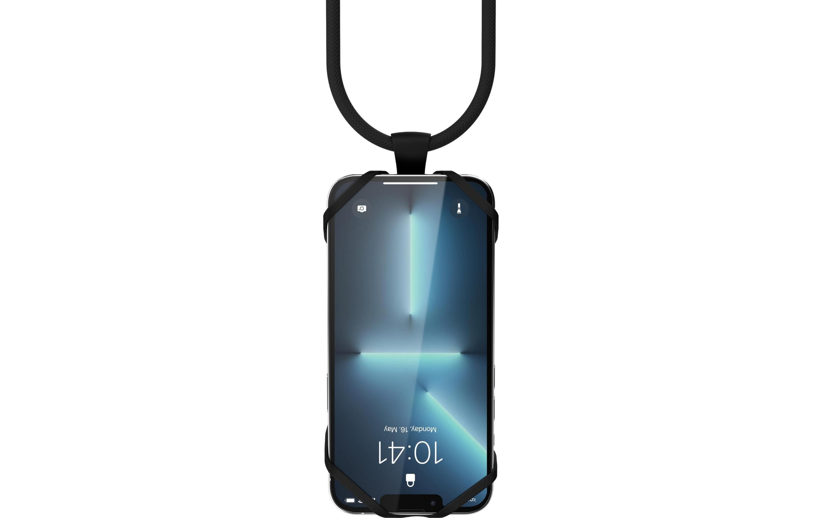 Schwarzes Smartphone mit Lanyard, zeigt 10:41 Uhr an. Weißer Hintergrund.