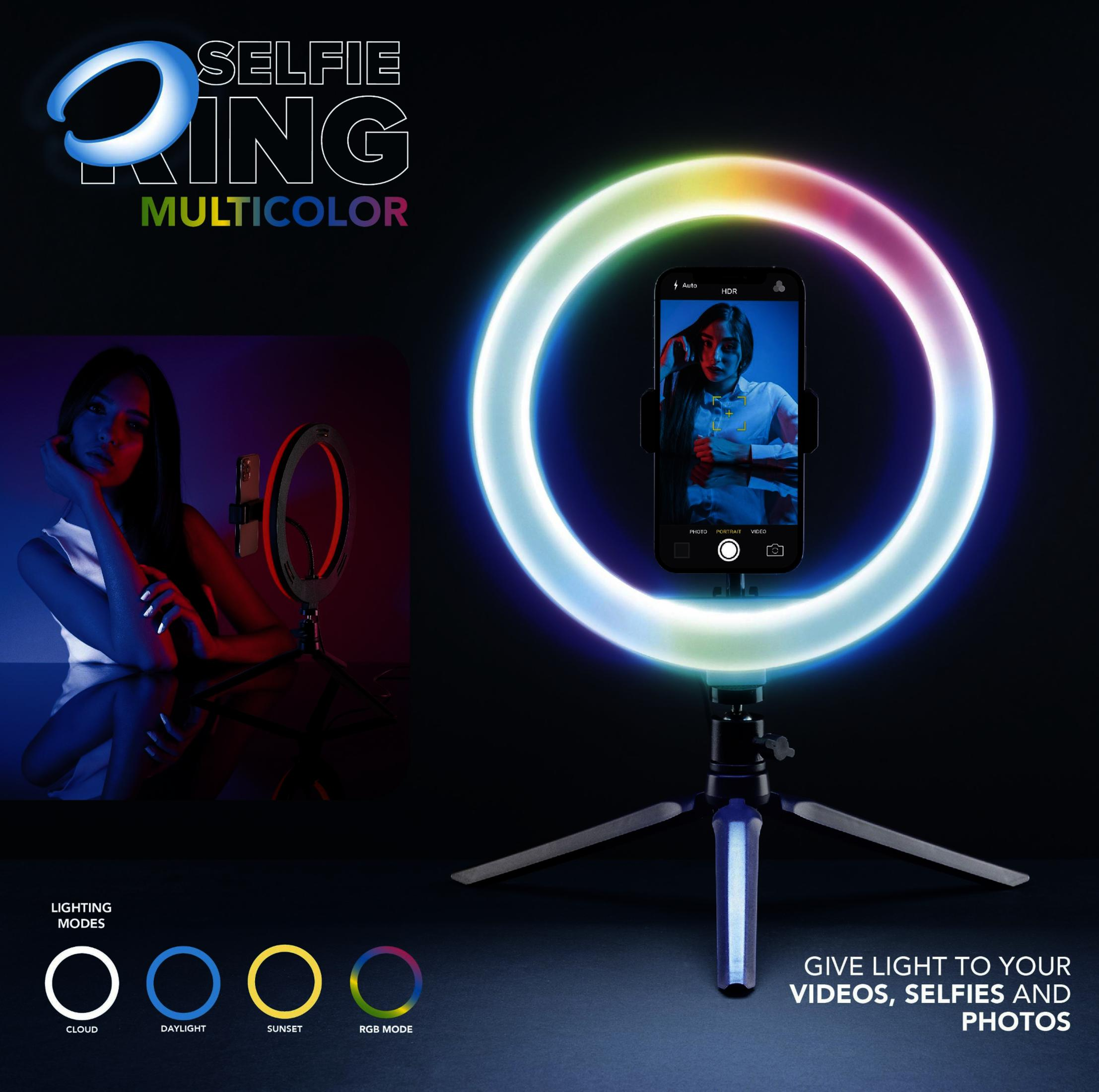 Un teléfono inteligente iluminado por un aro de luz de colores.