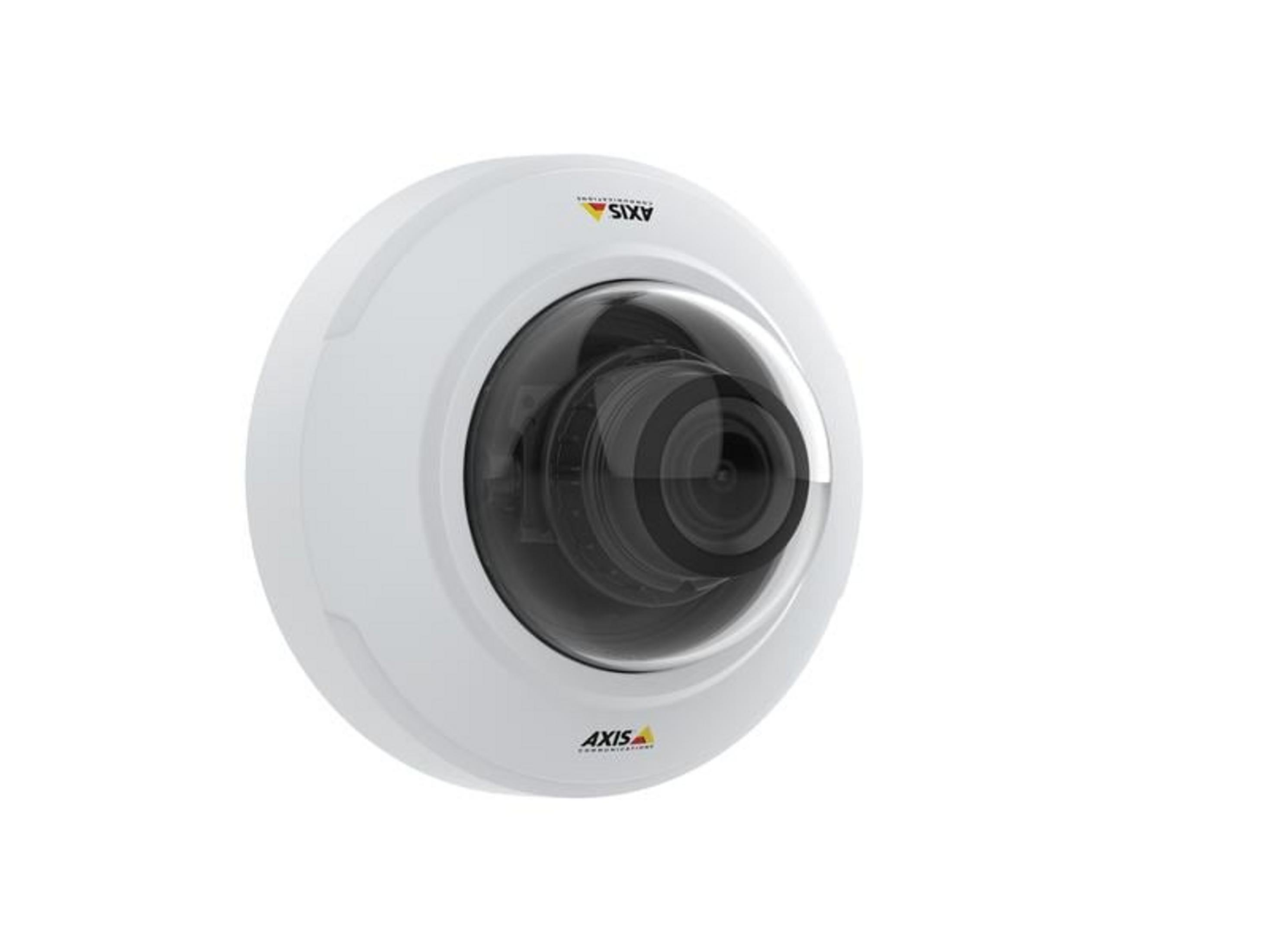 Biała kamera kopułkowa z czarnym obiektywem na białym tle.