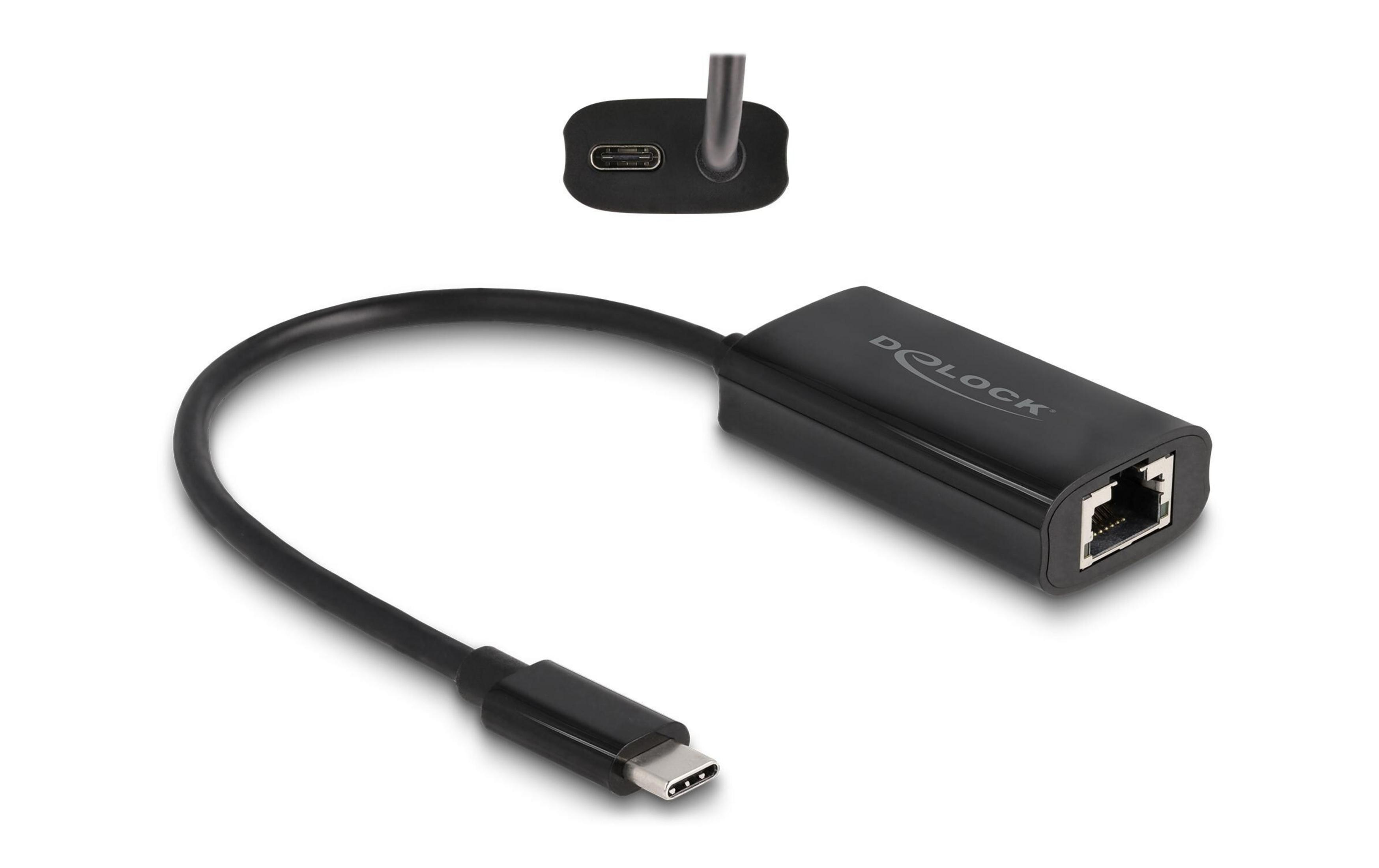 Adaptador USB-C a Ethernet negro con cable y dos puertos.