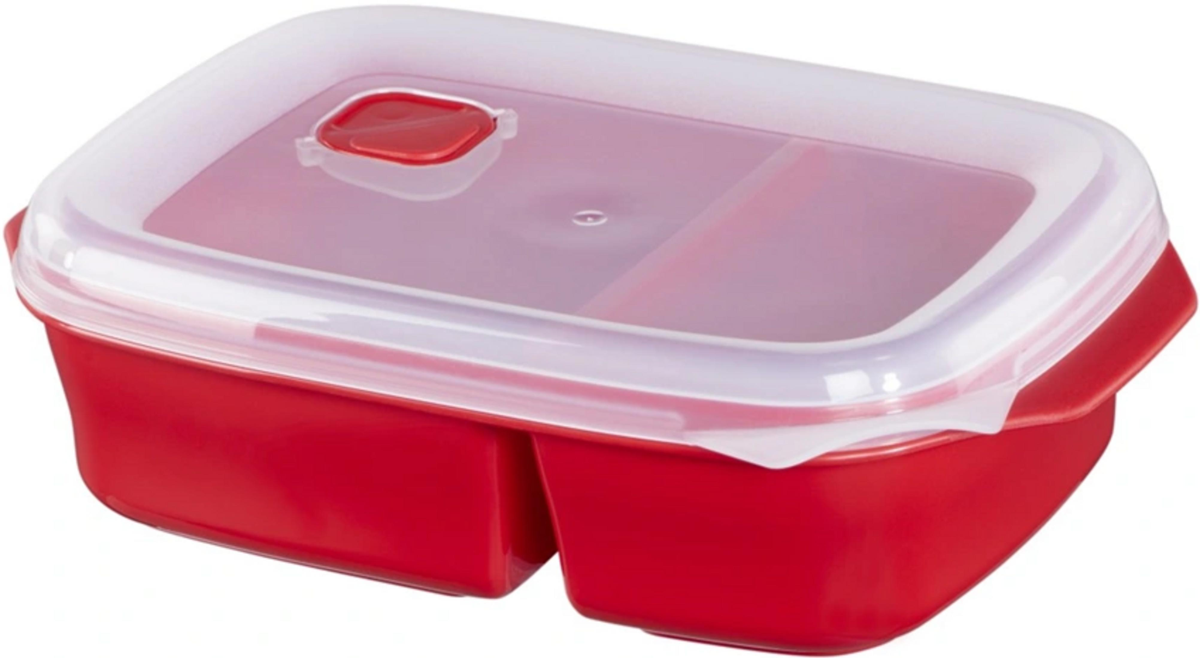 Rote Aufbewahrungsbox mit zwei Fächern und transparentem Deckel.
