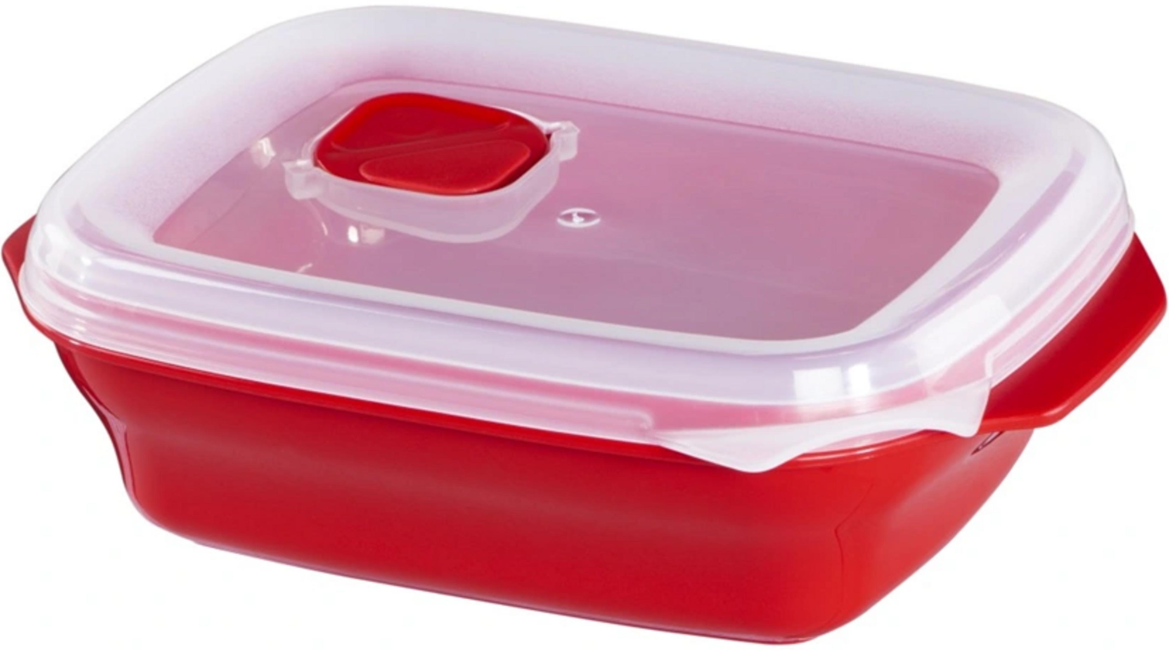 Rote Aufbewahrungsbox mit transparentem Deckel und rotem Verschluss.