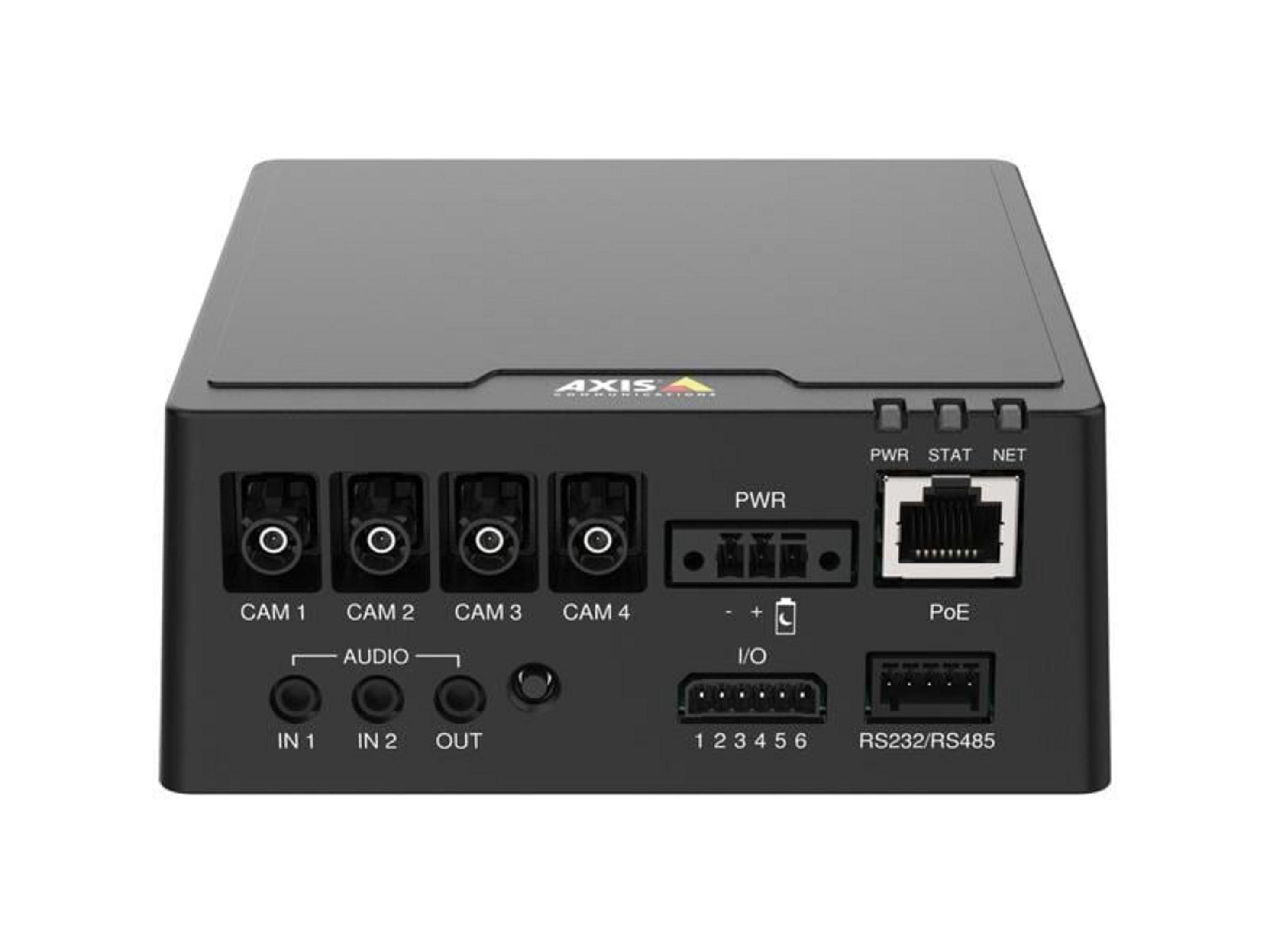 Schwarzes Axis-Gerät mit Kamera-, Audio-, Strom- und Netzanschlüssen.