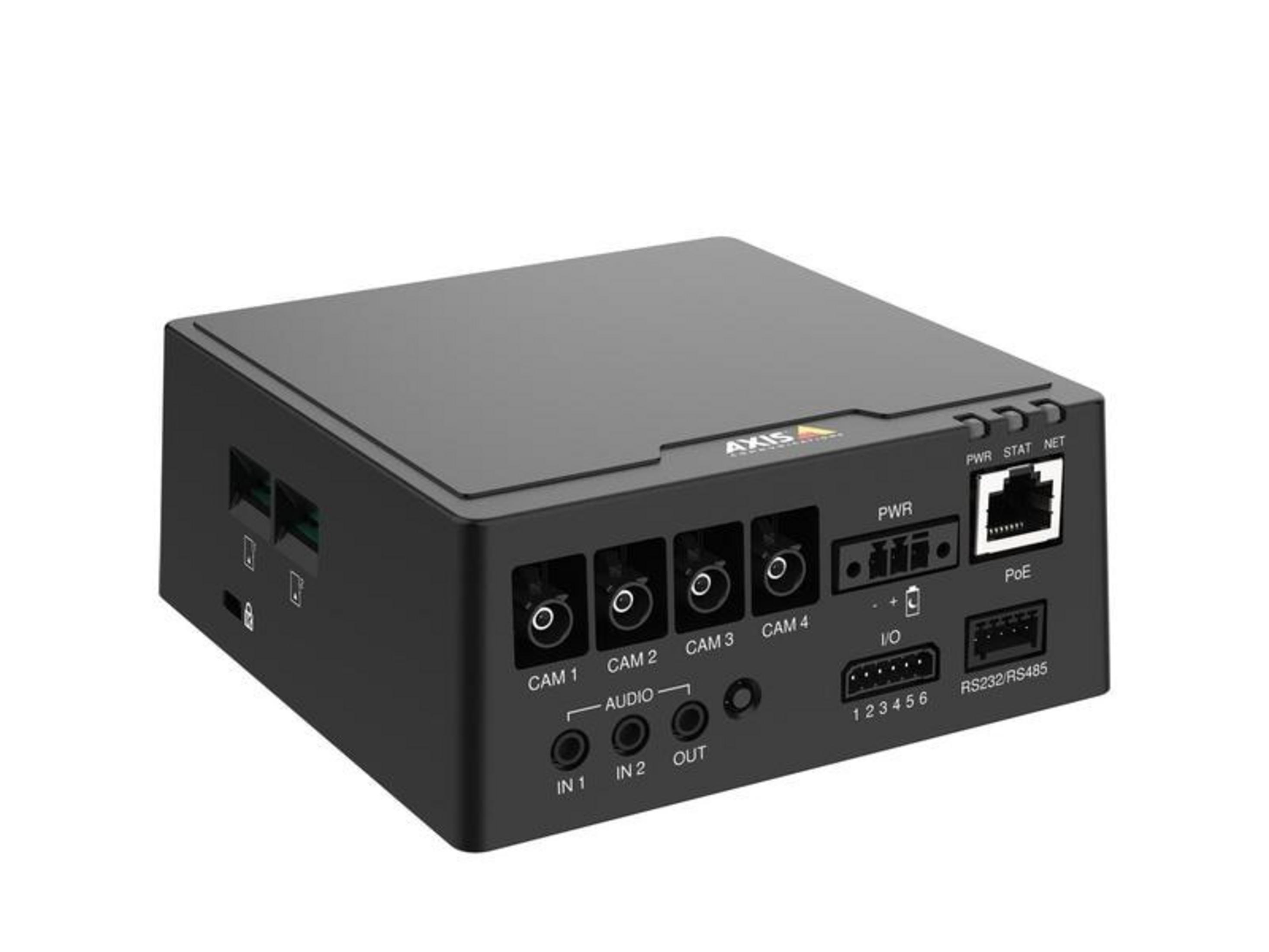 Schwarzes Axis-Gerät mit Anschlüssen für Kameras, Audio, I/O, Netzwerk und Strom.