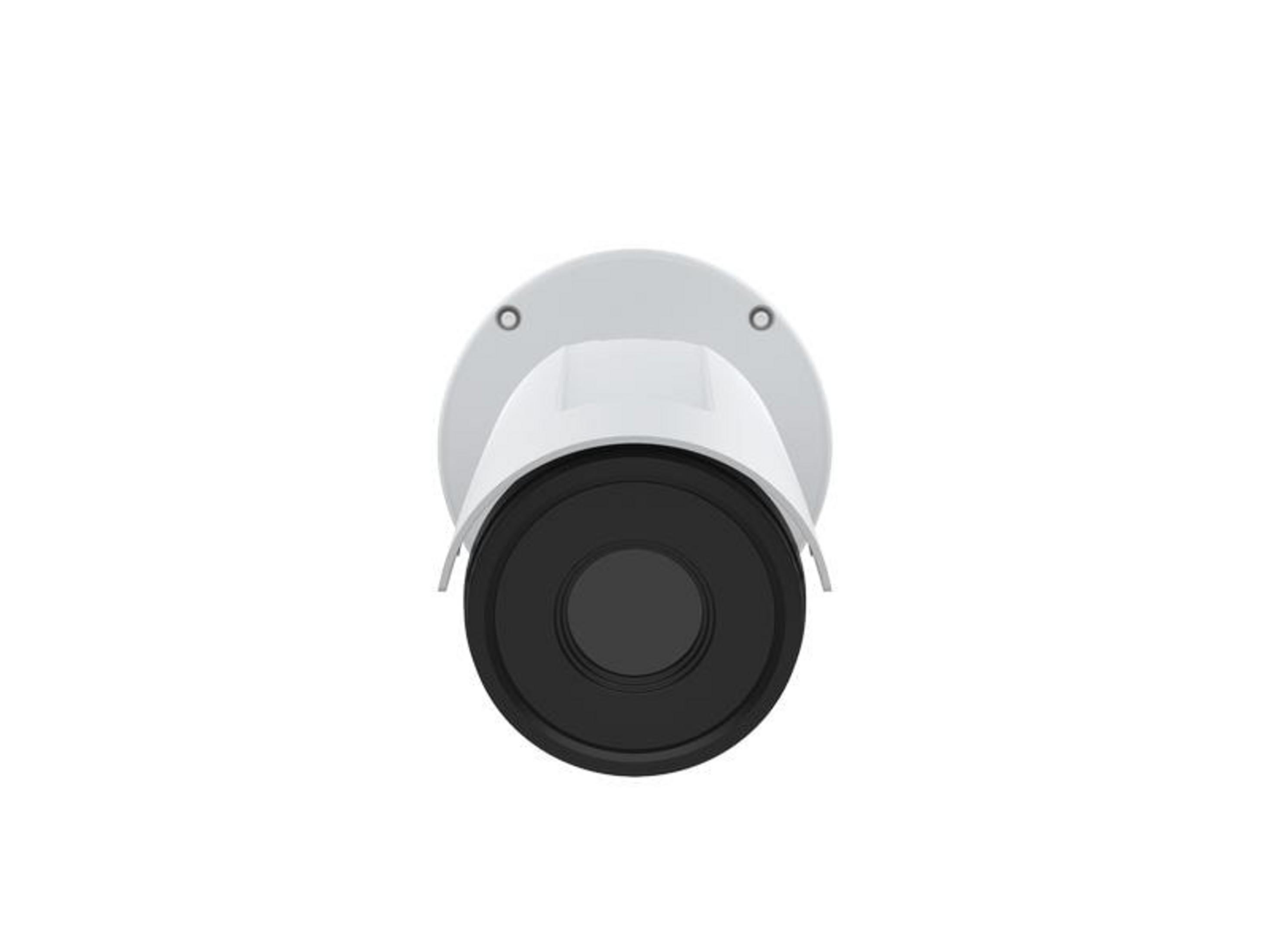 Biała kamera bezpieczeństwa z czarnym obiektywem, widok z przodu.