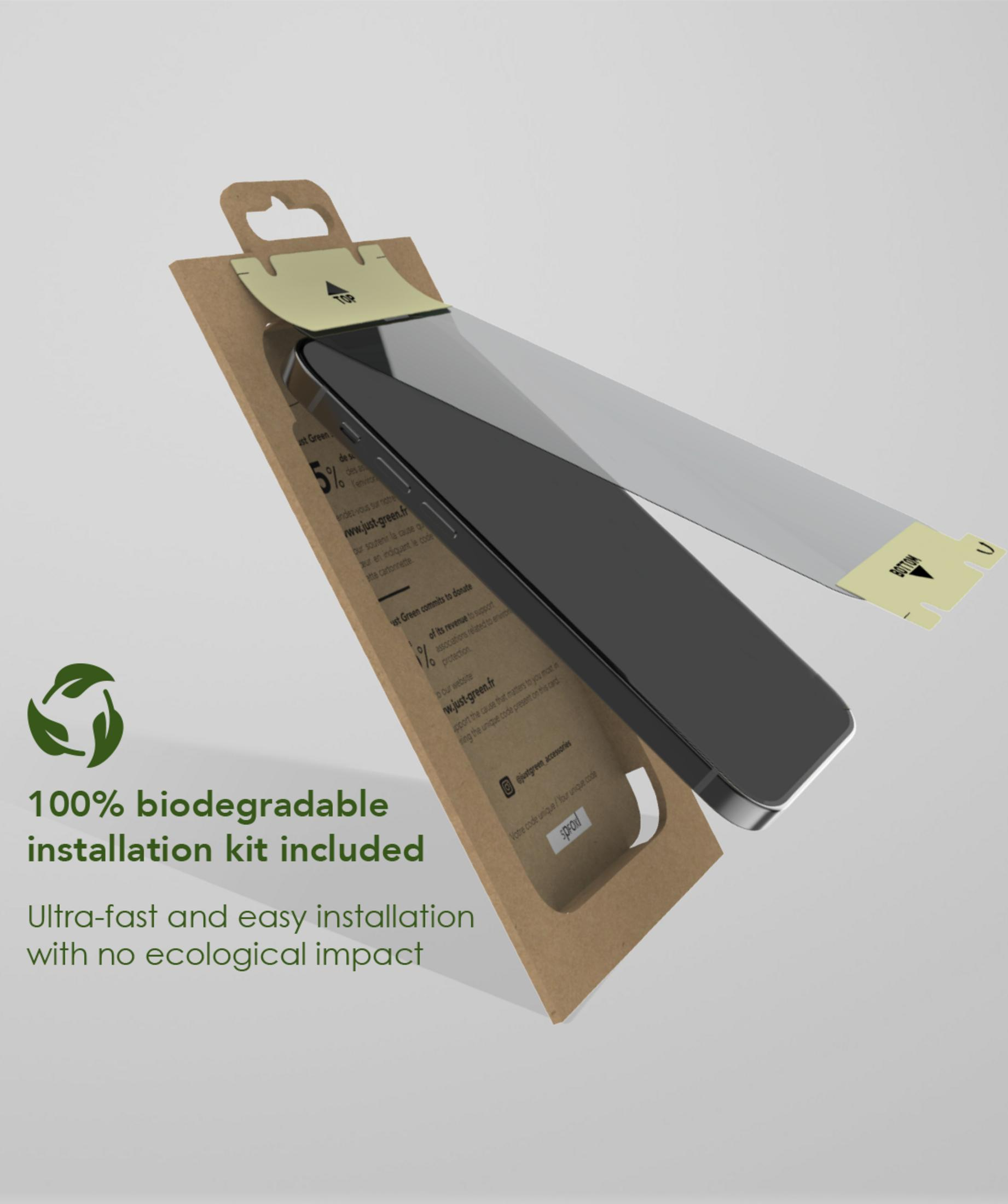 Smartphone screenprotector met biologisch afbreekbare installatiekit.