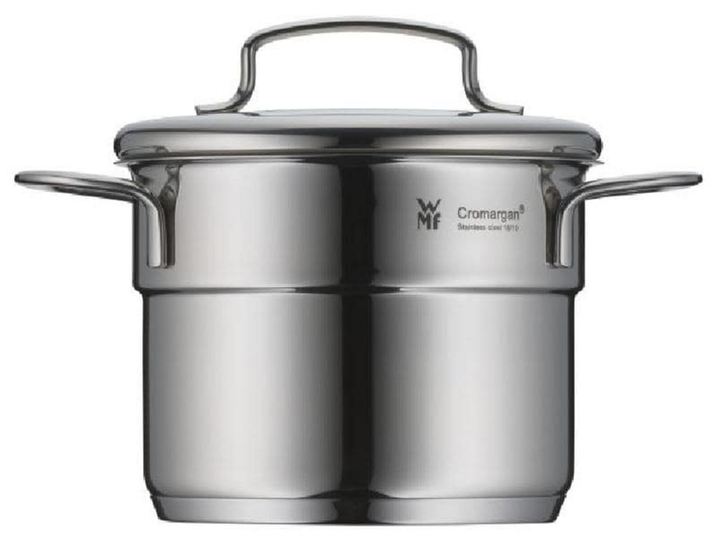 Garnek ze stali nierdzewnej z pokrywką i dwoma uchwytami.